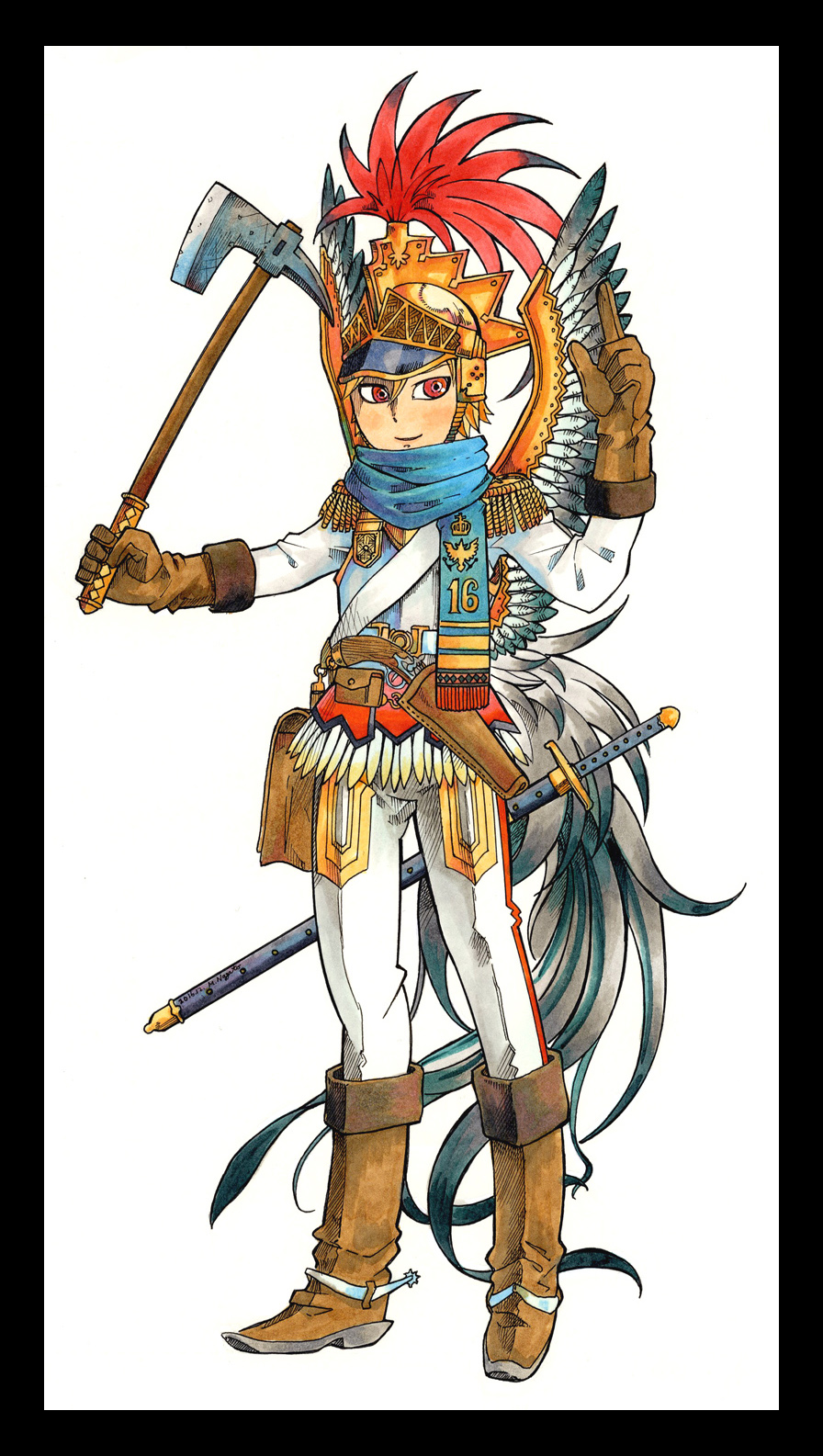 1girl antique_firearm armor axe battle_axe blonde_hair blue_scarf boots brown_boots brown_gloves cavalry cavalry_sword commentary_request crest cuirass epaulettes feathered_wings feathers female_focus firearm firelock flintlock fringe_trim gloves gun handgun helmet highres holding holding_weapon holstered long_sleeves long_sword marker_(medium) metal_wings military military_uniform millipen_(medium) nagato_mikasa original pants pen_(medium) pistol plate_armor plume pointing pointing_up red_eyes rooster_tail scarf short_hair smile solo spurs standing sword traditional_media weapon white_background white_pants winged_hussar wings