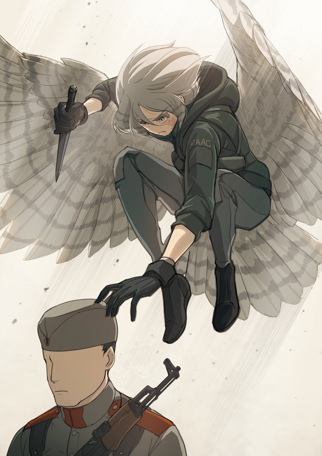 1boy 1girl ak-47 assassination assault_rifle asterisk_kome bird_tail bird_wings commentary_request dagger flying frances_royce gloves gun hat highres kalashnikov_rifle knife low_wings military military_hat military_uniform rifle short_hair tagme tail weapon winged_fusiliers wings