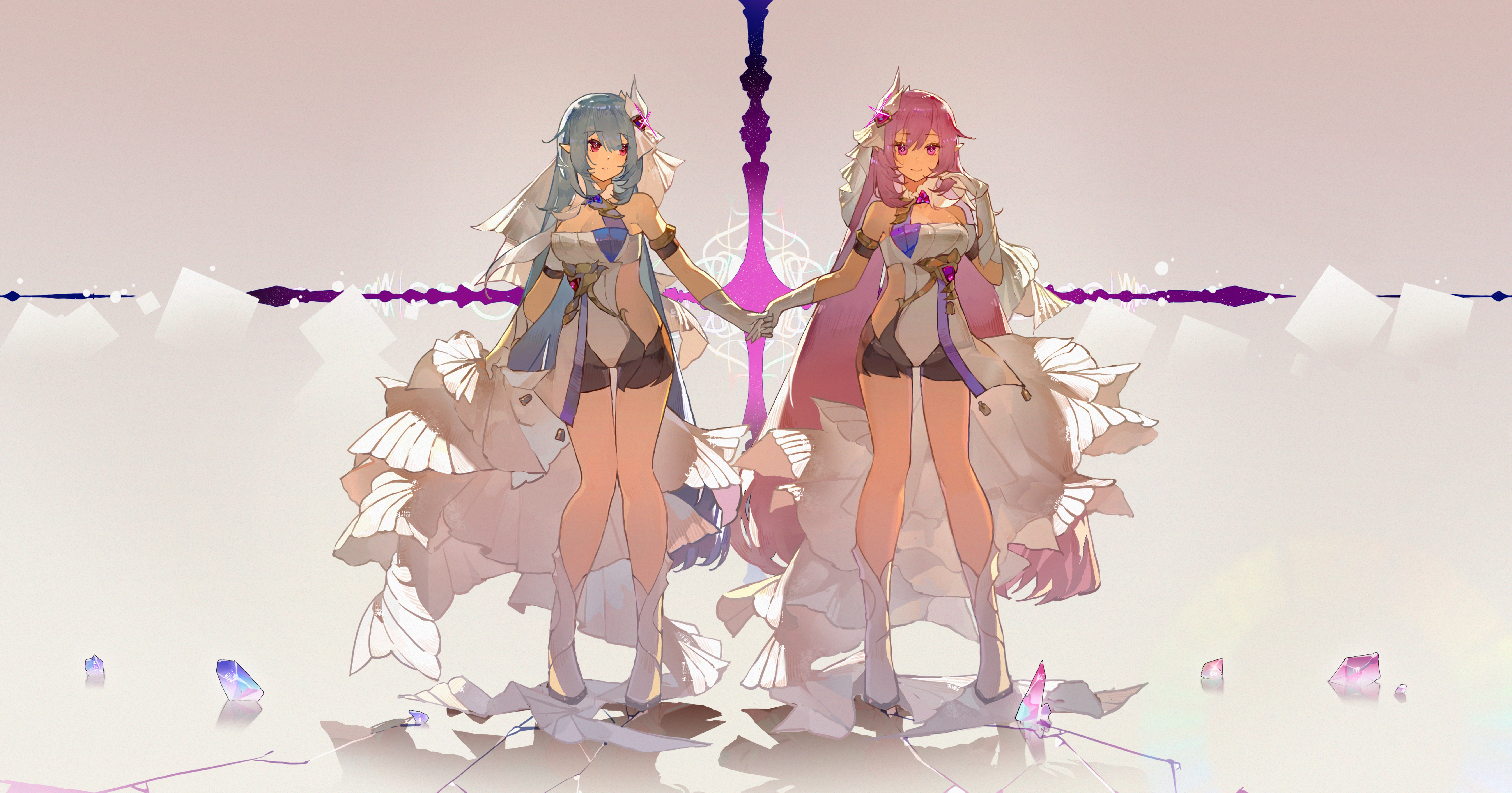 2girls absurdres bare_legs bare_shoulders blue_hair boots breasts bridal_veil cleavage clothing_cutout corset cosplay cross_background crystal_shards deawei elf elysia_(herrscher_of_human:_ego)_(honkai_impact) elysia_(herrscher_of_human:_ego)_(honkai_impact)_(cosplay) elysia_(honkai_impact) elysia_(honkai_impact)_(cosplay) full_body grey_background hair_between_eyes herrscher_of_corruption high_heel_boots high_heels highres holding_hands honkai_(series) honkai_impact_3rd large_breasts long_hair looking_at_viewer multiple_girls pink_eyes pink_hair pointy_ears red_eyes side_cutout thighs veil very_long_hair white_corset white_footwear white_veil