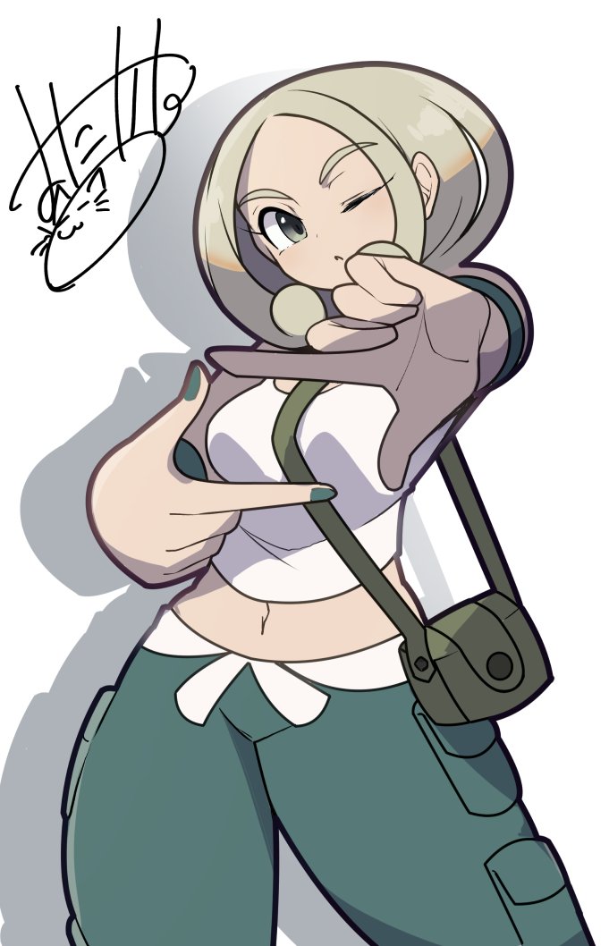 1girl blonde_hair breasts capri_pants crop_top finger_frame game_freak green_eyes green_nails green_pants large_breasts medium_breasts midriff mituyota_76 nintendo one_eye_closed pants photographer pokemon pokemon_xy shirt short_hair sleeveless sleeveless_shirt solo viola_(pokemon) white_shirt wristband