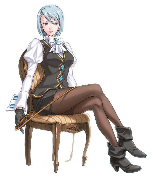 1girl ace_attorney ankle_boots ascot black_gloves blue_eyes blue_gemstone blue_hair boots breasts brown_pantyhose chair closed_mouth crossed_legs earrings franziska_von_karma gem gloves holding holding_whip ito_fumi jewelry juliet_sleeves long_sleeves medium_breasts mole mole_under_eye pantyhose pencil_skirt puffy_long_sleeves puffy_sleeves shirt short_hair simple_background sitting skirt solo swept_bangs v-shaped_eyebrows vest whip white_background white_shirt