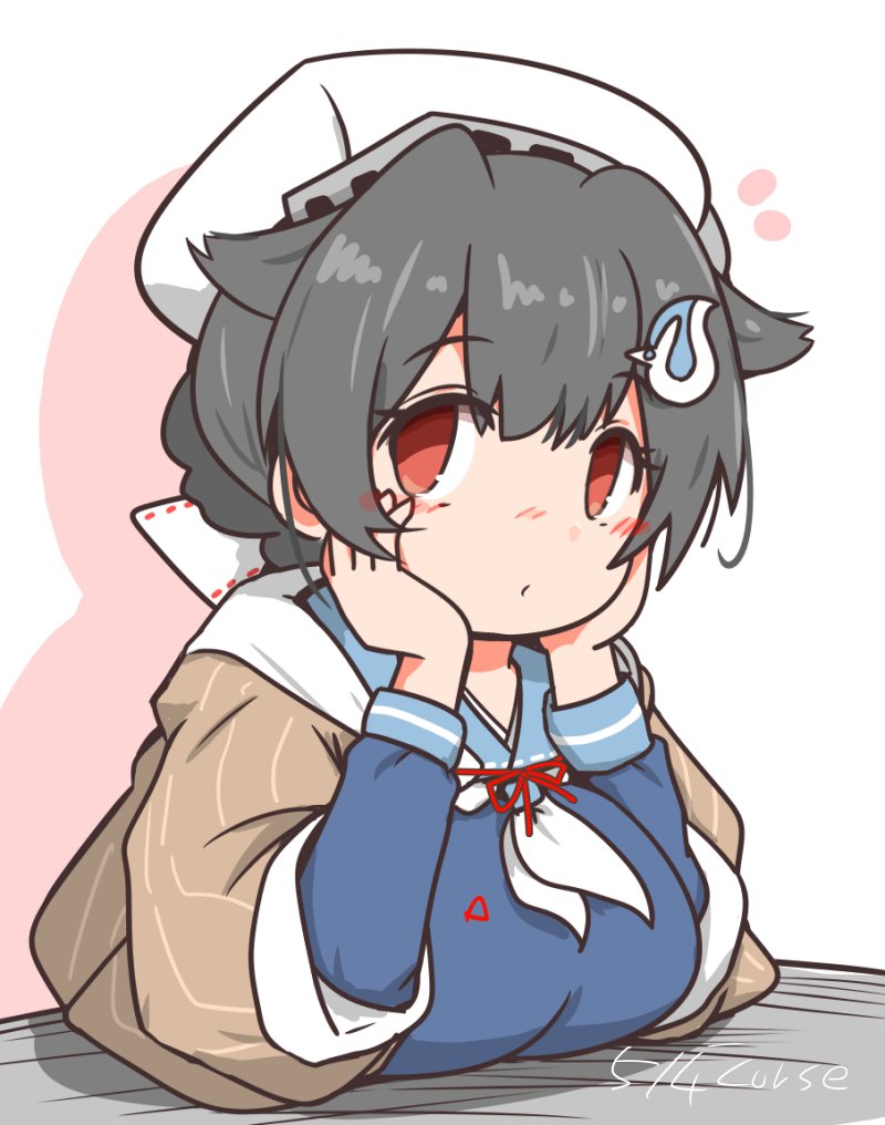1girl bandana blue_sailor_collar blue_serafuku blue_shirt breasts brown_shawl curse_(023) hair_flaps hair_ornament hands_on_own_face headgear jingei_(kancolle) kantai_collection large_breasts neckerchief one-hour_drawing_challenge sailor_collar school_uniform serafuku shawl shirt solo table whale_hair_ornament white_bandana white_neckerchief