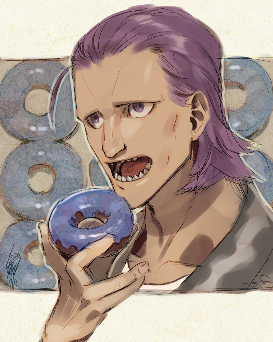 1boy artist_name bangs_pinned_back bishop_(daemon_x_machina) collarbone daemon_x_machina dated donut eating food forehead grey_jacket hand_up highres holding holding_food jacket male_focus matching_hair/eyes open_mouth outline portrait purple_eyes purple_hair sharp_teeth shirt short_hair signature sketch solo teeth tsunetaka_rakurai white_shirt