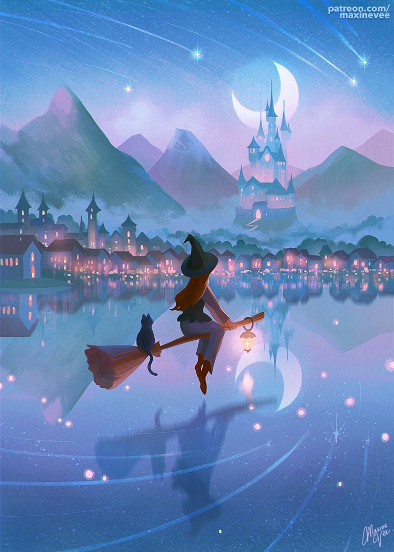 1girl black_cat black_hat black_vest boots broom broom_riding brown_boots brown_hair castle cat city_lights cityscape commentary crescent_moon facing_away familiar flying forest grey_pants grey_shirt hanging_lantern hat holding holding_broom lake long_hair maxine_vee moon mountainous_horizon nature original outdoors pants patreon_username pink_clouds reflection reflective_water shadow shirt shooting_star signature sky solo star_(sky) starry_sky town vest witch witch_hat