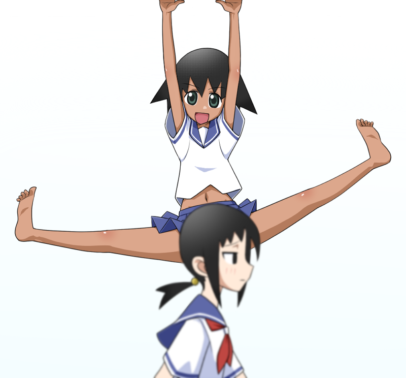 00s 2girls :d barefoot black_eyes black_hair blush convenient_censoring convenient_head dark-skinned_female dark_skin feet female_focus goriate green_eyes hair_bobbles hair_ornament hanging kaga_ai looking_at_viewer low_ponytail multiple_girls navel open_mouth pleated_skirt ponytail sayonara_zetsubou_sensei school_uniform sekiutsu_maria_tarou serafuku shirt short_ponytail short_sleeves sidelocks simple_background skirt smile soles spread_legs toes walking white_background