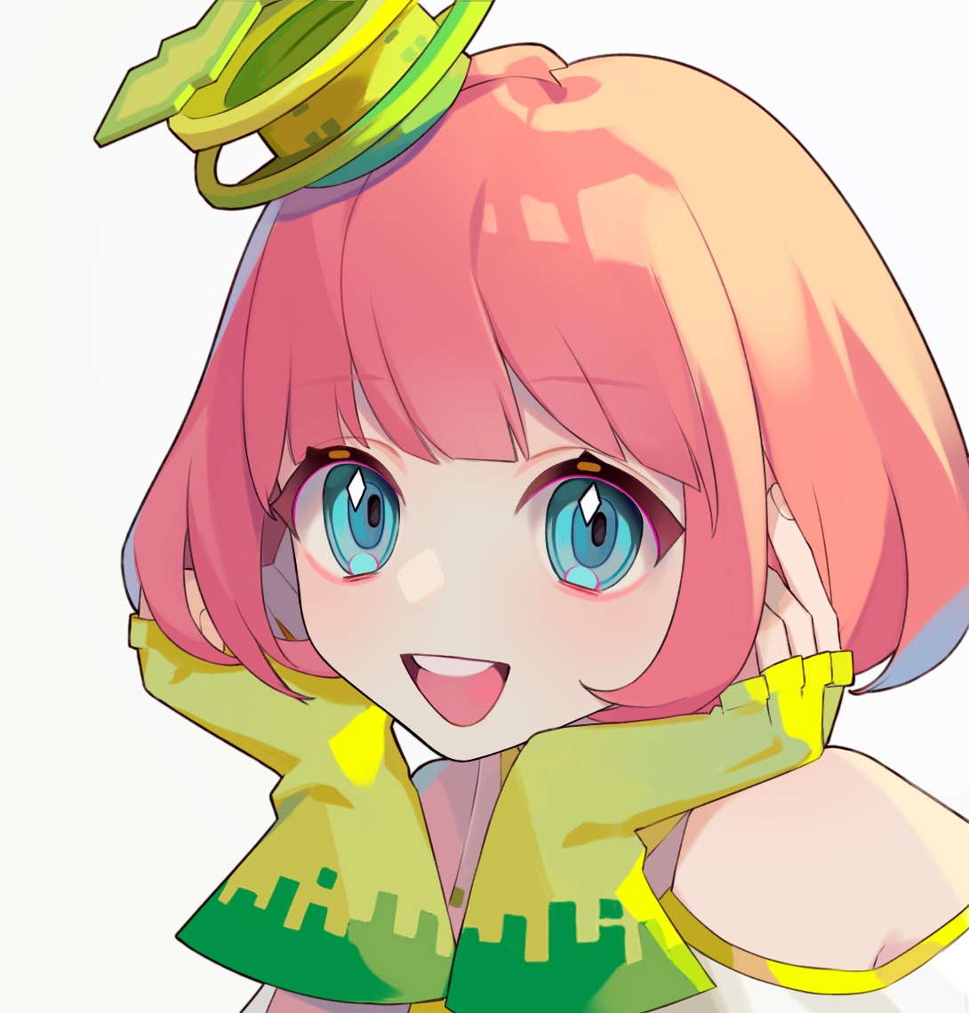 1girl bare_shoulders blue_eyes commentary fingerless_gloves gloves hat heridy kamen_rider kamen_rider_ex-aid_(series) looking_at_viewer open_mouth pink_hair poppi_pipopapo short_hair smile solo