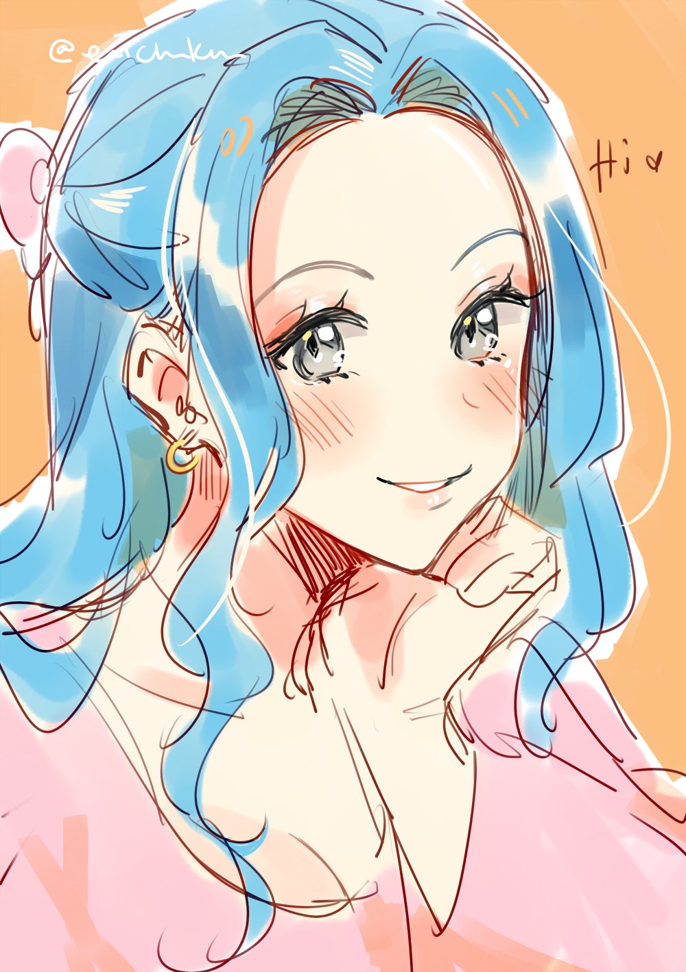 1girl blue_hair blush close-up coll_(erichankun) commentary dress earrings half_updo highres jewelry long_hair long_sleeves nefertari_vivi one_piece orange_background pink_dress sidelocks simple_background smile solo twitter_username