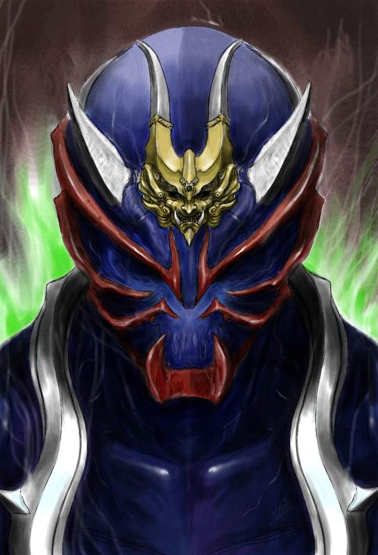 1boy aura collarbone fake_horns helmet horned_headwear horned_helmet horns izo_(bjc000510) kamen_rider kamen_rider_hibiki kamen_rider_hibiki_(series) male_focus mask portrait sketch solo teeth upper_body