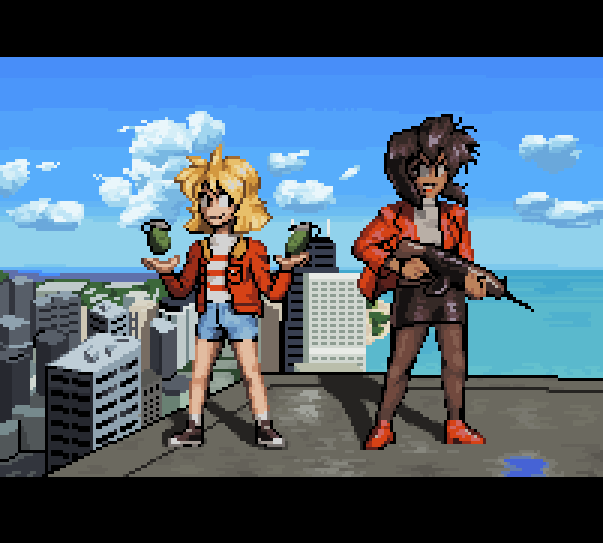 ankle_socks assault_rifle black_border black_footwear black_hair black_skirt blonde_hair blue_shorts blue_sky blunt_ends bob_cut border brown_pantyhose building chicago cityscape closed_mouth cloud commentary dark-skinned_female dark_skin day denim denim_shorts drslouch english_commentary explosive finger_on_trigger gradient_sky grenade gun gunsmith_cats hair_between_eyes hands_up height_difference high_heels holding holding_grenade holding_gun holding_weapon horizon inverted_bob jacket john_hancock_center lake letterboxed long_hair_between_eyes long_sleeves looking_at_another looking_to_the_side minnie_may_hopkins on_roof open_clothes open_jacket outdoors pantyhose parted_lips pencil_skirt pixel_art puddle pumps rally_vincent red_footwear red_jacket red_shirt rifle shirt shoes short_hair short_shorts shorts side-by-side sidelocks skirt sky skyscraper smile smirk sneakers socks standing striped_clothes striped_shirt sweater t-shirt turtleneck turtleneck_sweater two-handed v-shaped_eyebrows w_arms weapon white_shirt white_socks white_sweater