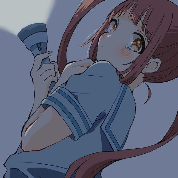 1girl blunt_bangs blush brown_eyes brown_hair closed_mouth flashlight from_behind holding holding_flashlight htnmanpp idolmaster idolmaster_million_live! idolmaster_million_live!_theater_days lone_nape_hair long_hair looking_at_viewer looking_back matsuda_arisa sailor_collar scared school_uniform serafuku short_sleeves sidelocks solo tearing_up twintails upper_body very_long_hair white_sailor_collar white_serafuku