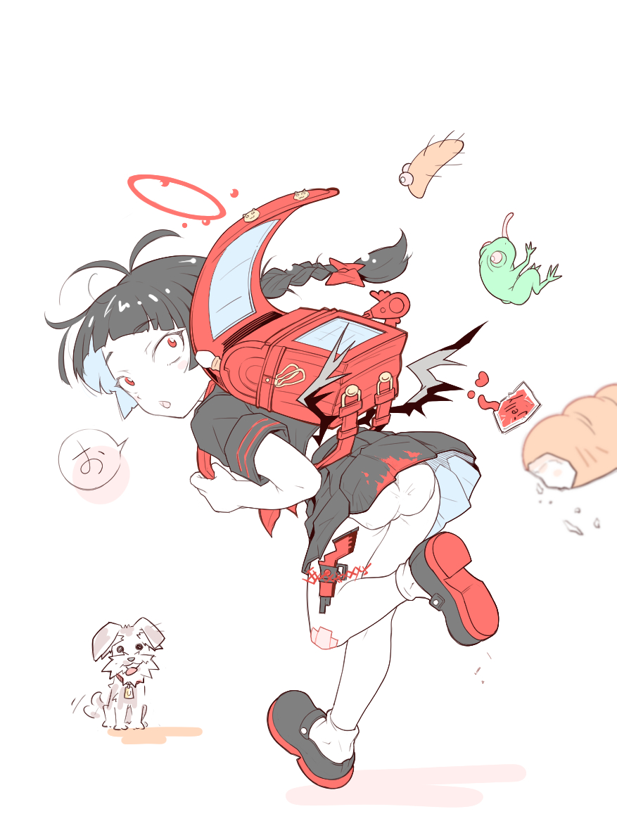 1girl aged_down antenna_hair ass backpack bag black_hair black_shirt black_shoes black_skirt black_wings blood blood_halo blue_archive bow braid braided_ponytail bread caterpillar crime_prevention_buzzer dog flute food frog from_behind gun hair_bow halo instrument liquid_halo long_hair looking_back low_wings panties randoseru recorder red_bag red_bow red_eyes red_halo running school_uniform shirt shoes simple_background skirt socks solo speech_bubble tsumori tsurugi_(blue_archive) underwear weapon white_background white_panties white_socks wings