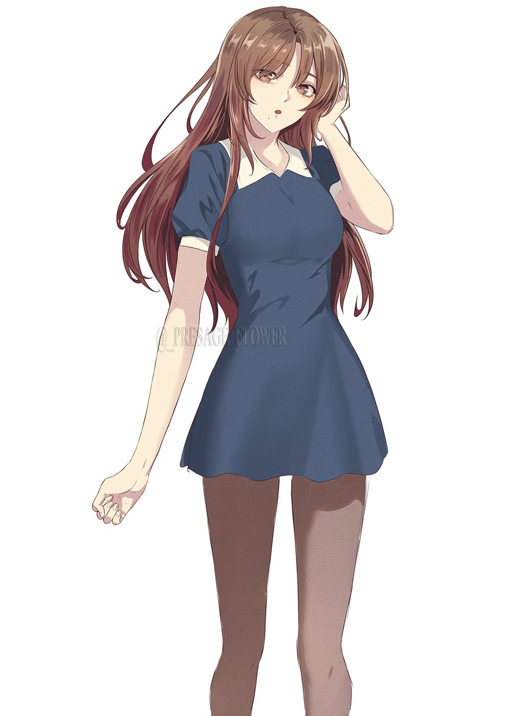 1girl aged_up blue_dress breasts brown_eyes brown_hair brown_pantyhose commentary dress english_commentary hand_in_own_hair highres jujutsu_kaisen medium_breasts mole mole_under_mouth orimoto_rika pantyhose phlower_luna puffy_short_sleeves puffy_sleeves short_dress short_sleeves solo watermark
