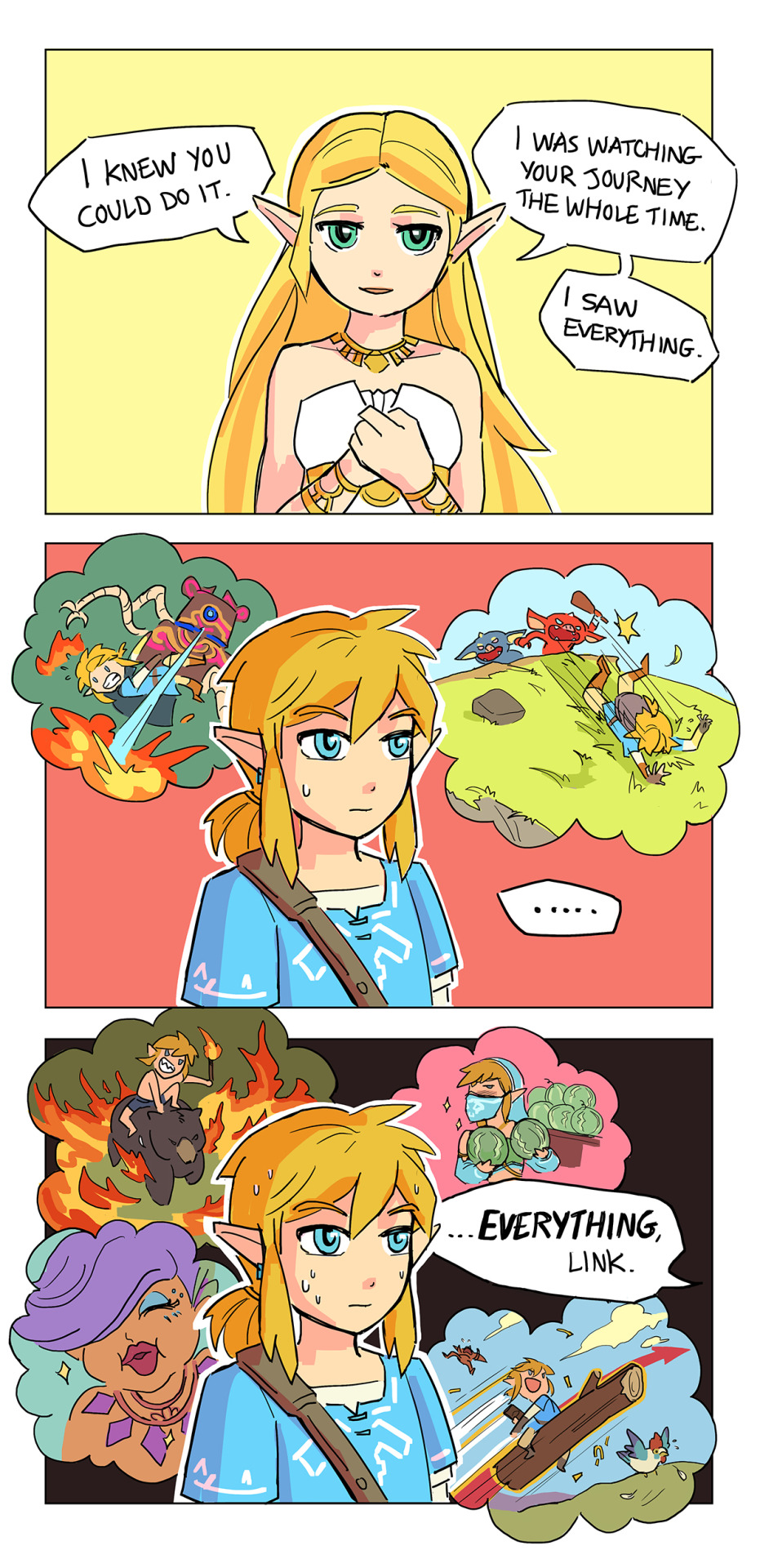 ... 1boy 1girl 3koma :d :| bare_shoulders beam bear bird blonde_hair blue_eyes blue_tunic blush bokoblin bracelet chicken clenched_teeth closed_mouth club_(weapon) collarbone comic commentary english_commentary english_text explosion falling fire food fruit gerudo_set_(zelda) grass great_fairy_(zelda) great_fairy_mija green_eyes guardian_(zelda) hands_on_own_chest highres hill holding holding_food holding_fruit jewelry jumping link log long_hair necklace nervous_sweating nintendo norue open_mouth pointy_ears ponytail princess_zelda riding rock short_ponytail simple_background smile sparkle speech_bubble sweat sweatdrop teeth the_legend_of_zelda the_legend_of_zelda:_breath_of_the_wild thought_bubble torch tripping tunic watermelon weapon