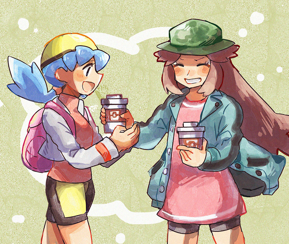 2girls :d ^_^ anidler91 backpack bag bike_shorts black_shorts blue_eyes blue_hair blue_jacket brown_hair camouflage_headwear closed_eyes cropped_jacket cup green_hat grin hat holding holding_cup jacket kris_(pokemon) leaf_(pokemon) leaf_(sygna_suit)_(pokemon) long_hair long_shirt long_sleeves multiple_girls nintendo open_clothes open_jacket open_mouth pink_bag pink_shirt pokemon pokemon_gsc pokemon_masters_ex red_shirt shirt shorts sideways_mouth smile twintails two-tone_shorts v-shaped_eyebrows white_jacket yellow_hat yellow_shorts