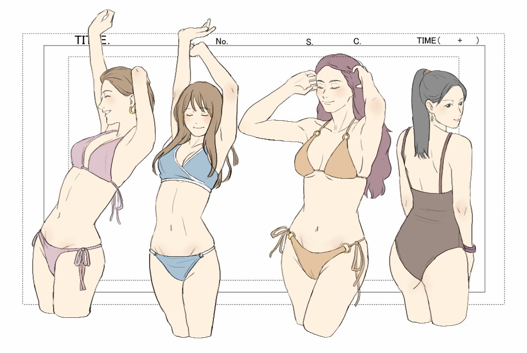 4girls animation_paper arms_up ass ay0n_10 bikini black_eyes black_hair blue_bikini bracelet breasts brown_hair brown_one-piece_swimsuit cleavage closed_eyes commentary earrings hands_in_own_hair hashtag-only_commentary high_ponytail jewelry long_hair looking_back medium_breasts multiple_girls navel one-piece_swimsuit orange_bikini original ponytail purple_bikini purple_hair short_hair side-tie_bikini_bottom stretching swimsuit