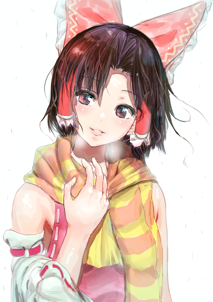 1girl armpit_peek bare_shoulders benikurage_(cookie) bow brown_eyes brown_hair commentary_request cookie_(touhou) derivative_work detached_sleeves hair_bow hair_tubes hakurei_reimu hand_up head_tilt light_blush looking_at_viewer parted_lips partial_commentary poopdick red_bow red_vest ribbon-trimmed_sleeves ribbon_trim scarf short_hair simple_background single_sleeve smile solo touhou upper_body vest white_background