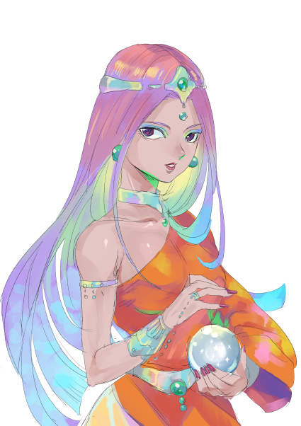 1girl armlet asymmetrical_dress bracelet circlet colored_inner_hair crystal_ball dragon_quest dragon_quest_iv dress earrings eyeshadow fingernails gem green_gemstone holding_orb jewelry kei_(desafinado) light_smile lipstick long_fingernails long_hair long_sleeves looking_at_viewer makeup minea_(dq4) multicolored_hair nail_polish neck_ring orange_dress parted_lips purple_eyes purple_hair rainbow_gradient rainbow_hair red_lips red_nails ring ringed_eyes single_bare_shoulder single_sleeve solo sphere_earrings upper_body