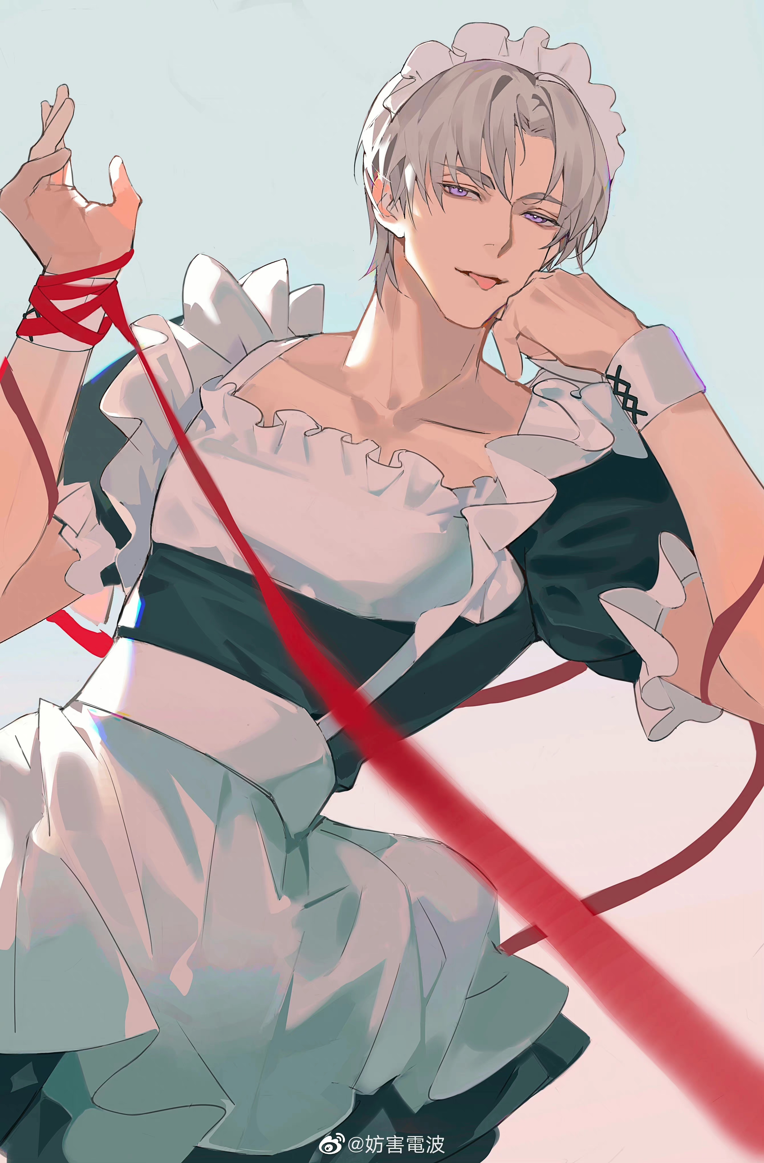 1boy absurdres apron charlie_su collarbone denpa0304 dress frills grey_background grey_hair head_rest highres light_and_night_love looking_at_viewer maid maid_apron maid_headdress male_focus parted_bangs parted_lips purple_eyes red_ribbon ribbon short_hair short_sleeves simple_background solo tongue tongue_out white_apron
