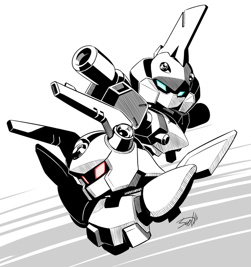 2others armor blue_eyes cropped_torso glowing glowing_eyes greyscale hirschkafer horns joints looking_ahead looking_at_viewer medarot medarot_8 monochrome multiple_others no_humans portrait red_eyes robot robot_joints sagehorn science_fiction shoulder_armor signature simple_background spot_color tyuga