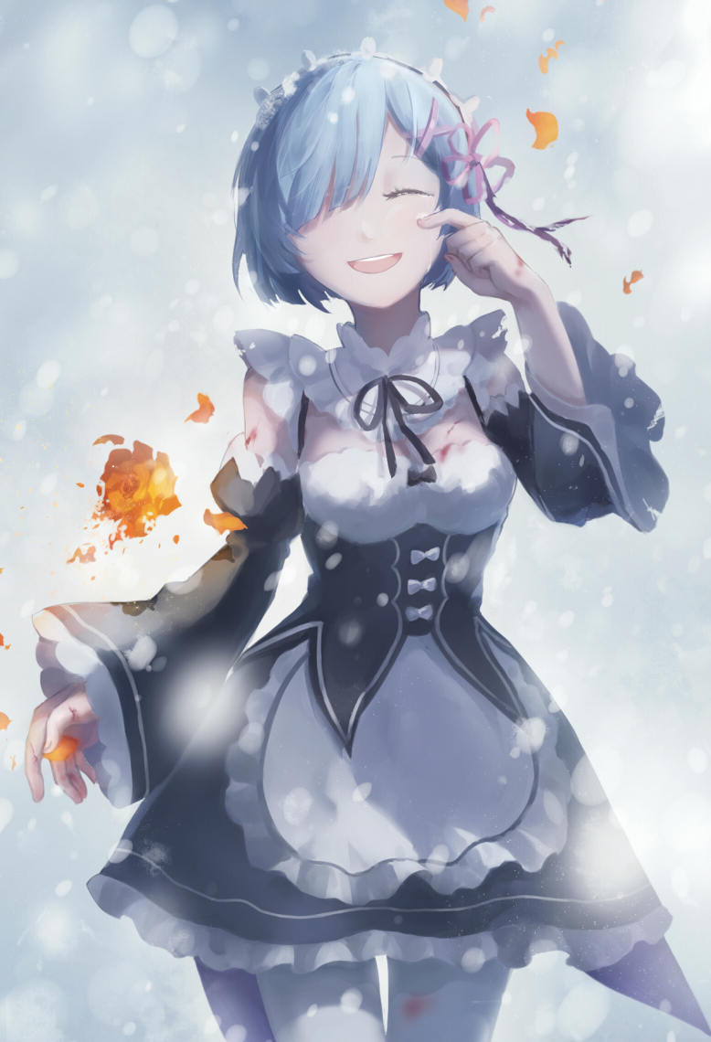 10s 1girl blood blue_hair bruise closed_eyes detached_sleeves domik female_focus frills hair_ornament hair_over_one_eye injury maid maid_headdress open_mouth purple_ribbon re:zero_kara_hajimeru_isekai_seikatsu rem_(re:zero) ribbon short_hair smile snowing solo tears white_legwear x_hair_ornament