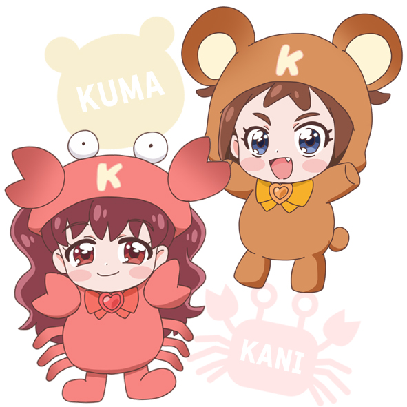 2girls animal_costume blue_eyes blush bowtie brooch brown_hair chibi closed_mouth english_text fang hanpen_moufu heart heart_brooch kanie_(precure) long_hair medium_hair multiple_girls ookuma_(precure) open_mouth orange_bow orange_bowtie precure red_bow red_bowtie red_eyes smile twintails wonderful_precure!