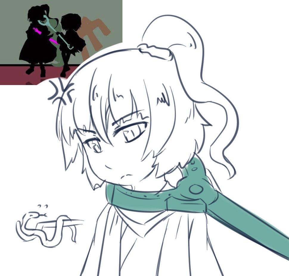 1other adagumo_no_yaorochi anger_vein annoyed closed_mouth commentary_request double-parted_bangs frown hair_between_eyes hair_ornament hair_scrunchie head_tilt high_side_ponytail holding holding_toy japanese_clothes jinbaori kimono len&#039;en lineart long_hair long_sleeves looking_at_viewer other_focus reference_inset scarf scrunchie simple_background snake solo toy upper_body wavy_hair white_background yuejiao_tuan