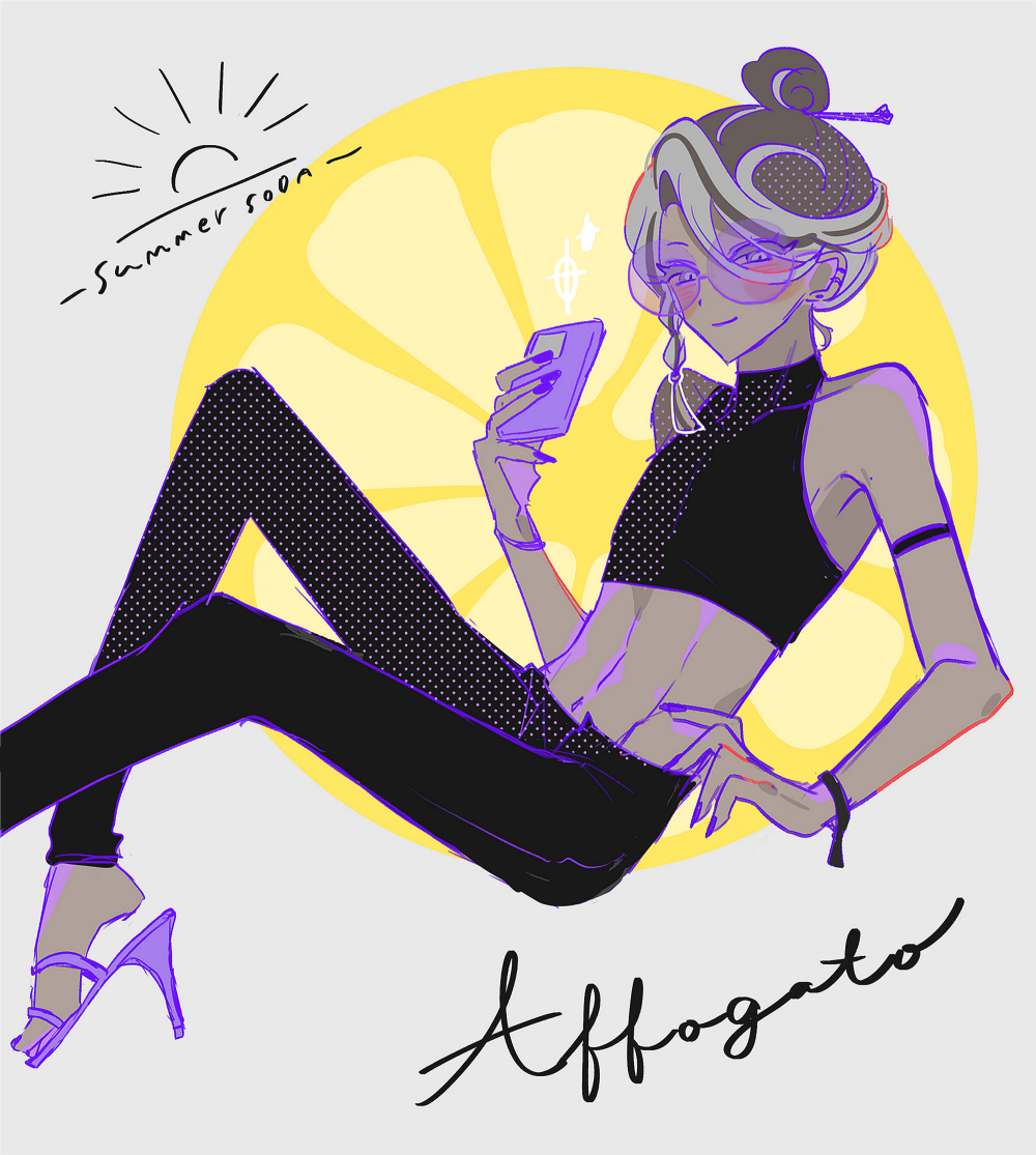 1boy affogato_cookie alternate_costume black_hair braid brown_hair character_name cookie_run crop_top dark-skinned_male dark_skin grey_eyes hair_bun hair_ornament holding humanization long_hair male_focus mamimumemo multicolored_hair phone sandals smile solo streaked_hair sunglasses