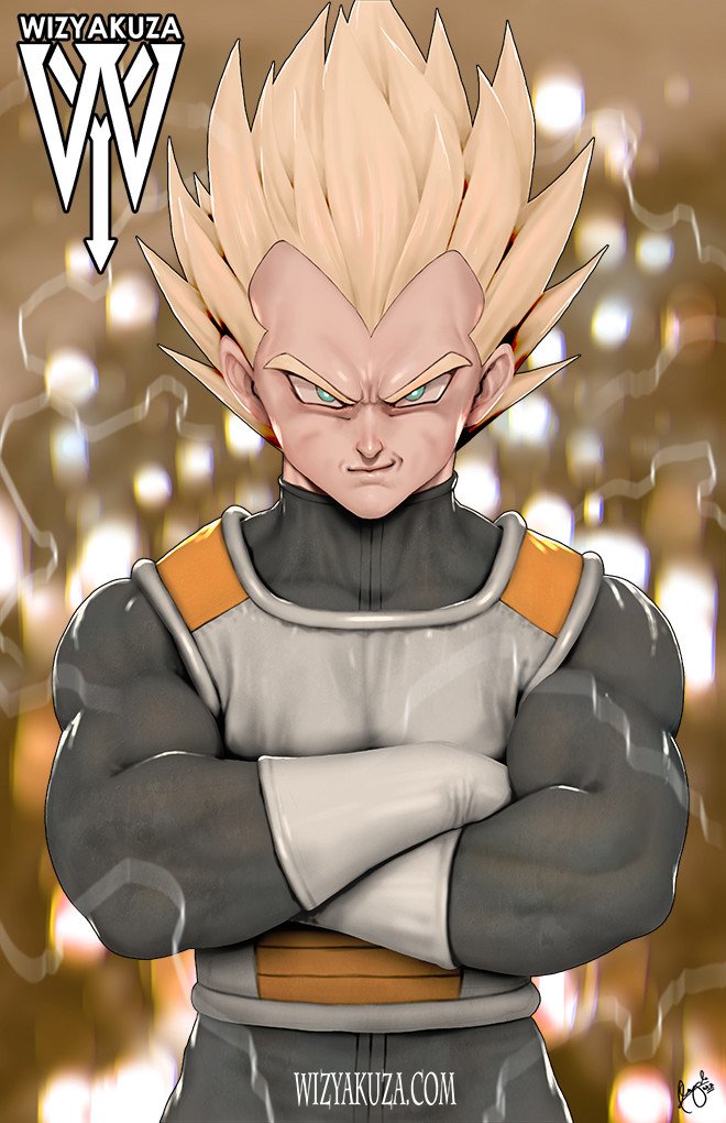1boy aqua_eyes armor artist_name blonde_hair crossed_arms dragon_ball dragonball_z electricity gloves male_focus manly muscular signature smile solo spiked_hair super_saiyan super_saiyan_2 turtleneck vegeta watermark web_address white_gloves widow&#039;s_peak wizyakuza