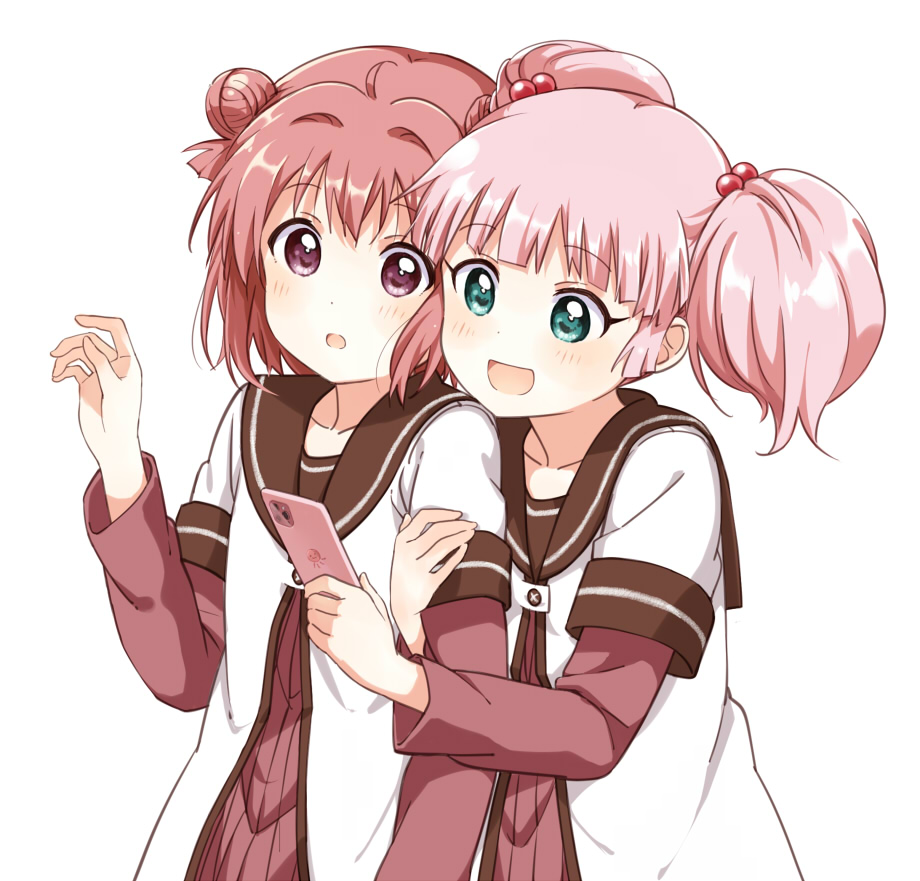 2girls :o akaza_akari cellphone double_bun dress green_eyes hair_bobbles hair_bun hair_ornament holding holding_own_arm holding_phone layered_sleeves long_sleeves multiple_girls nanamori_school_uniform open_mouth phone pink_hair red_eyes red_hair sailor_dress school_uniform serafuku shikou_sakugo_(qqap9gt9k) short_hair short_over_long_sleeves short_sleeves simple_background single_hair_bun twintails white_background yoshikawa_chinatsu yuruyuri