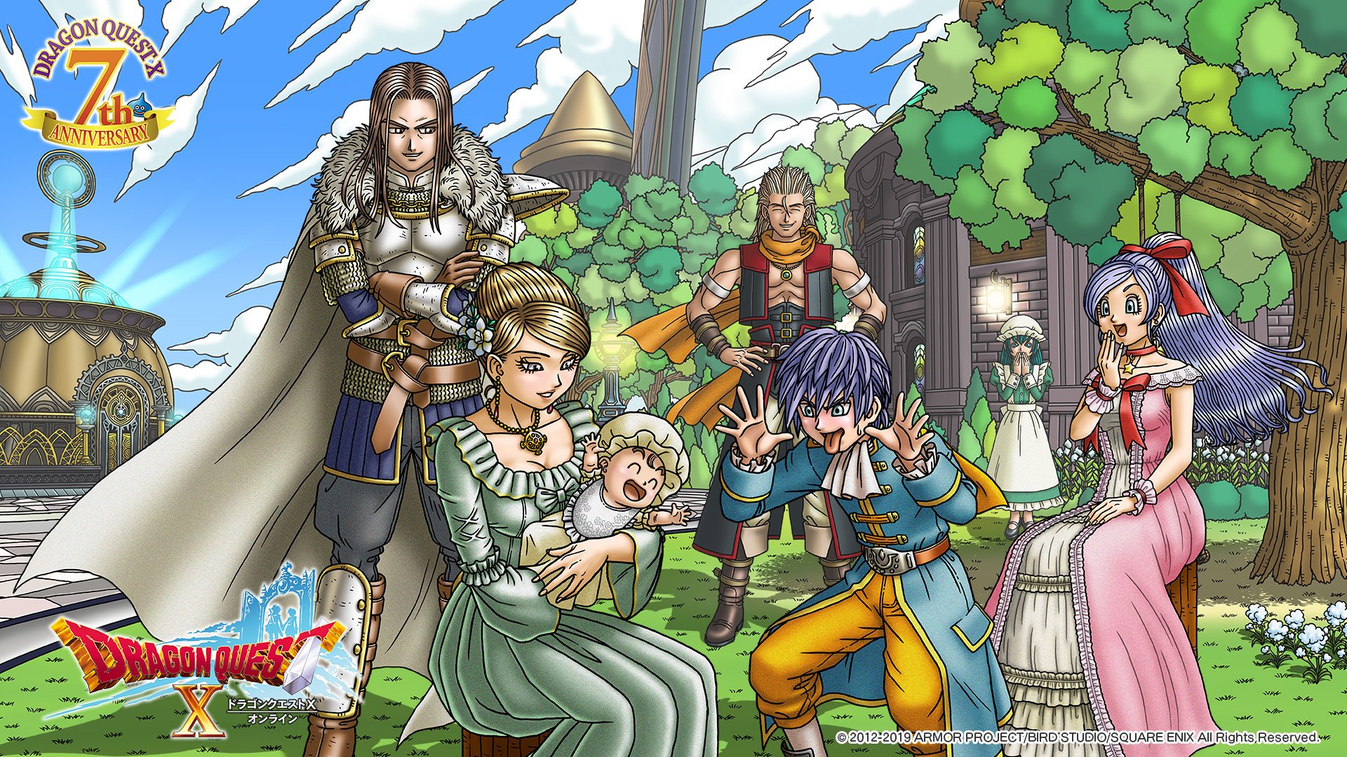 3girls 4boys aged_down anniversary apron aqua_hair armor artist_request ascot aunt_and_nephew aunt_and_niece baby bib blonde_hair blue_eyes blue_hair blue_sky bow breasts brother_and_sister brown_eyes brown_hair cape carrying_baby carrying_person character_request choker cleavage closed_eyes copyright_logo copyright_name cousins covering_own_mouth crossed_arms dragon_quest dragon_quest_x dress dress_bow earrings family farras_(dq10) father_and_son floating_hair floating_scarf frilled_dress frilled_wrist_cuffs frills fur-trimmed_cape fur_trim green_bow green_dress grey_eyes hair_bow hair_slicked_back hands_on_own_hips hero_(dq10) highres husband_and_wife jewelry laughing maid making_faces marone_(dq10) medium_hair mereade mother_and_son multiple_boys multiple_girls muscular muscular_male necklace official_art official_wallpaper open_mouth orange_scarf outdoors padre_(dq10) pants parent_and_child parted_hair pink_dress ponytail quad_(dq10) red_bow scarf short_hair siblings silver_armlet sitting sky smile spoilers star_(symbol) star_choker sweatdrop teardrop_earrings third-party_source tongue tongue_out uncle_and_nephew uncle_and_niece white_apron white_ascot white_cape wrist_cuffs yellow_pants