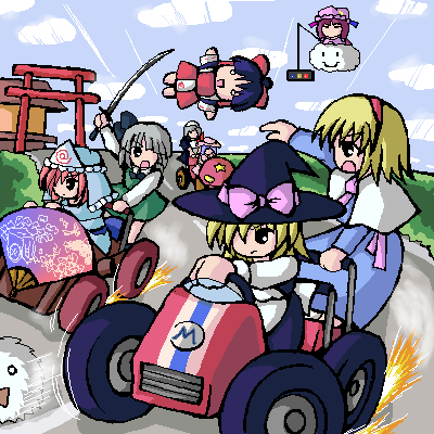 6+girls _double_dash!! alice_margatroid black_hair blonde_hair bow cloud crossover day driving fishing_rod floating folding_fan full_body grey_hair hair_bow hair_over_one_eye hairband hakurei_reimu hand_fan hat izayoi_sakuya kart katana kedama_(touhou) kirisame_marisa konpaku_youmu lowres mario_(series) mario_k mario_kart mob_cap multiple_girls nintendo o_o oekaki outdoors parody patchouli_knowledge pink_bow remilia_scarlet saigyouji_yuyuko short_hair sky smile super_mario_bros._1 sword torii touhou traffic_light triangular_headpiece weapon witch_hat