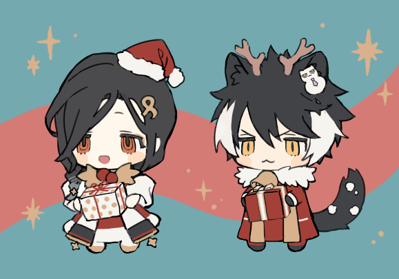 1boy 1girl :3 :d animal_ears antlers bell black_footwear black_gloves black_hair blue_background blush_stickers box cat_hair_ornament chibi christmas coat creator_connection dress fur-trimmed_coat fur-trimmed_dress fur_trim gift gift_box gloves gradient_hair grey_hair hair_between_eyes hair_ornament hair_over_shoulder hairclip hat holding holding_gift holly holostars horns jackal_boy jackal_ears jackal_tail jitome kageyama_shien long_hair multicolored_hair namakawa neck_bell nekoyama_shien nijisanji open_mouth orange_eyes pale_skin pants parted_bangs pink_background polka_dot red_coat red_dress red_pants santa_hat shawl shirayuki_tomoe shoes short_hair slit_pupils smile sparkle_background stole two-tone_background two-tone_hair v-shaped_eyebrows virtual_youtuber white_hair yellow_eyes yellow_shoes