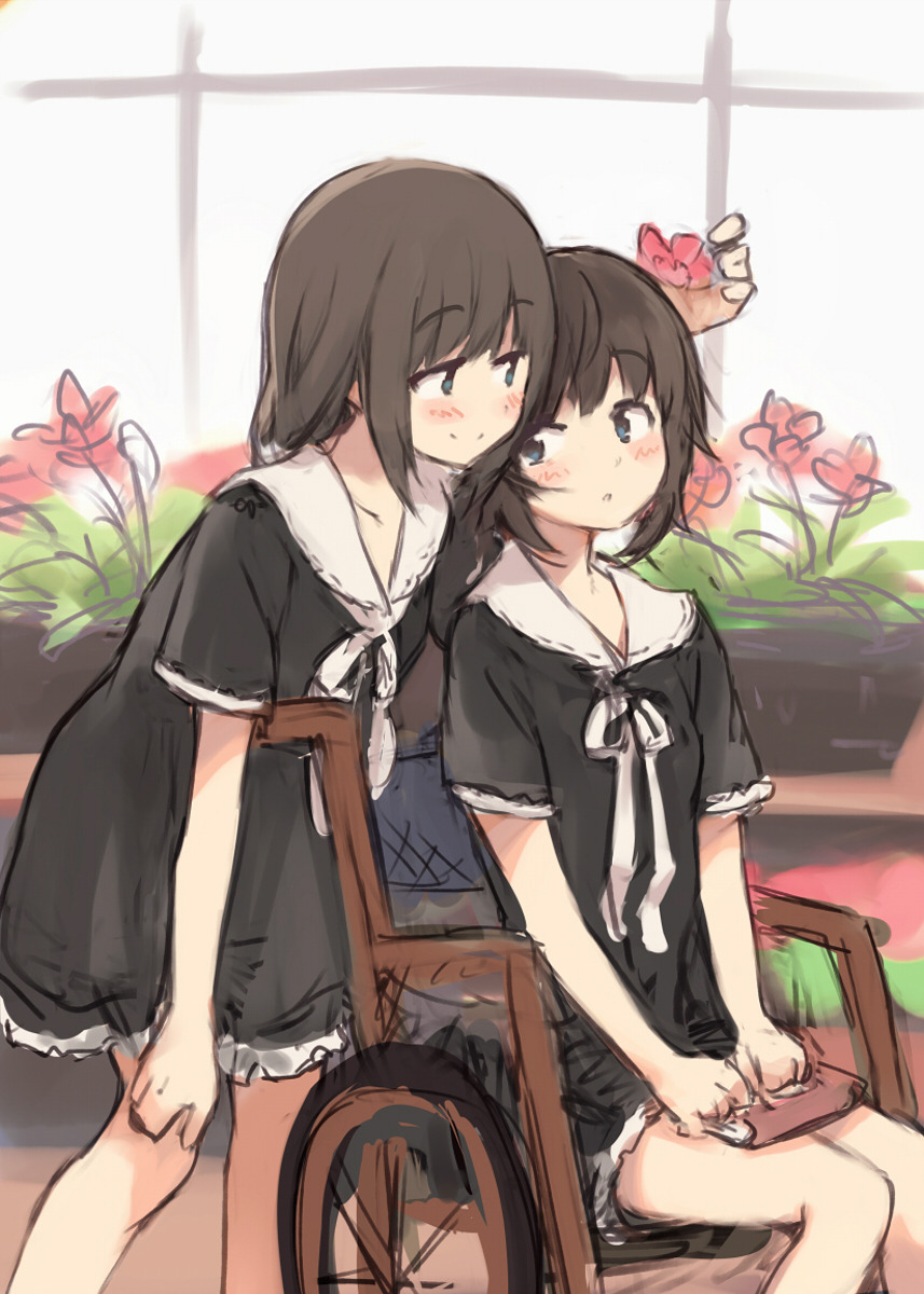 2girls black_dress blue_eyes blush book book_on_lap brown_hair dress flower flowers_(innocent_grey) greenhouse highres holding kyuri long_hair multiple_girls open_mouth plant ribbon school_uniform short_hair short_sleeves sitting smile takasaki_chidori wheelchair white_ribbon window yaegaki_erika yuri