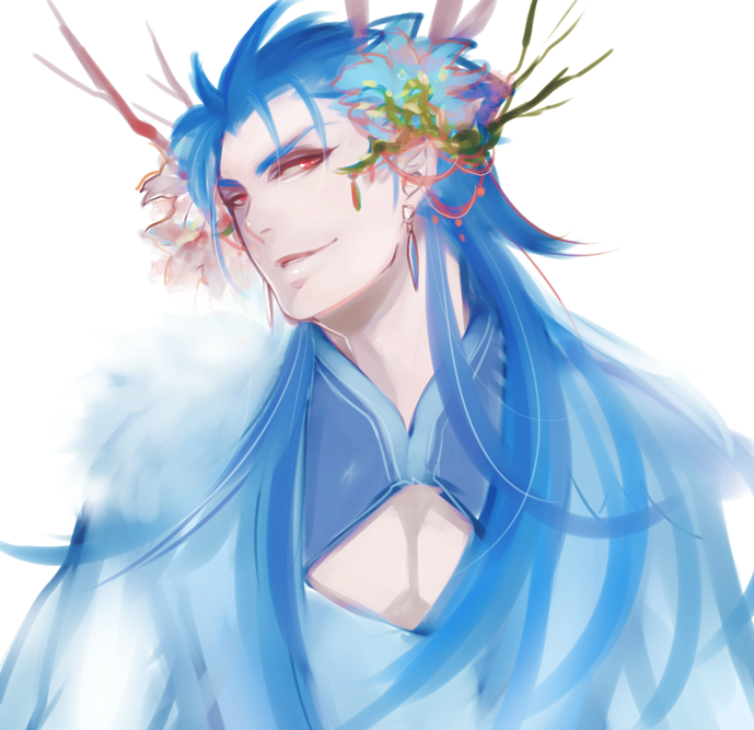 1boy blue_hair cape cu_chulainn_(fate) cu_chulainn_(fate/stay_night) earrings fate/stay_night fate_(series) flower hair_down hair_flower hair_ornament jewelry jun_(ash) long_hair male_focus red_eyes solo