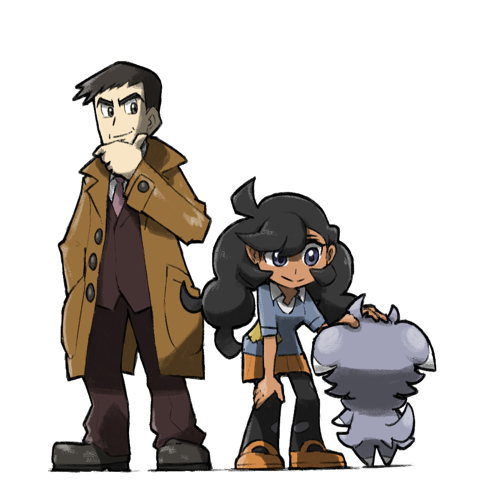 1boy 1girl black_eyes black_hair blacknirrow blue_eyes blue_shirt brown_coat brown_footwear brown_vest closed_mouth coat collared_shirt dark-skinned_female dark_skin emma_(pokemon) espurr eyelashes from_behind full_body gen_6_pokemon hand_in_pocket hand_on_another&#039;s_head hand_on_own_chin hand_on_own_knee long_hair looker_(pokemon) necktie nintendo open_clothes open_coat orange_shoes orange_skirt pantyhose patch petting pink_necktie pokemon pokemon_(creature) pokemon_xy shirt shoes short_hair simple_background skirt smile standing trench_coat twintails vest white_background white_shirt