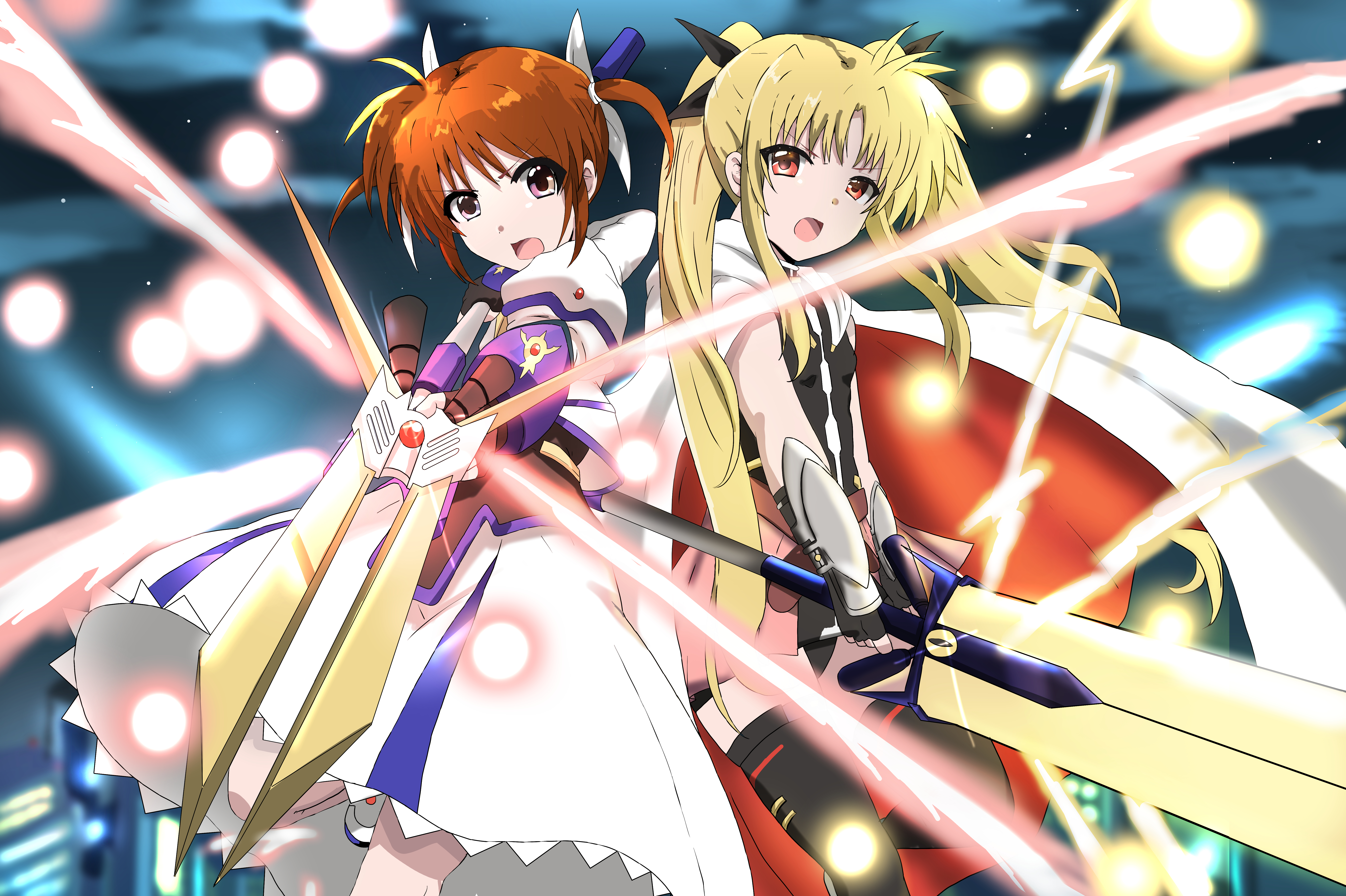 2girls absurdres bardiche_(nanoha) bardiche_(zanber_form)_(nanoha) black_ribbon blonde_hair brown_hair ekaki_kukuma fate_testarossa fate_testarossa_(blaze_form) hair_ribbon highres lyrical_nanoha magic magical_girl mahou_shoujo_lyrical_nanoha multiple_girls purple_eyes raising_heart raising_heart_(exelion_mode)_(2nd) red_eyes ribbon short_twintails sword takamachi_nanoha takamachi_nanoha_(exelion_mode) twintails weapon white_ribbon yuri