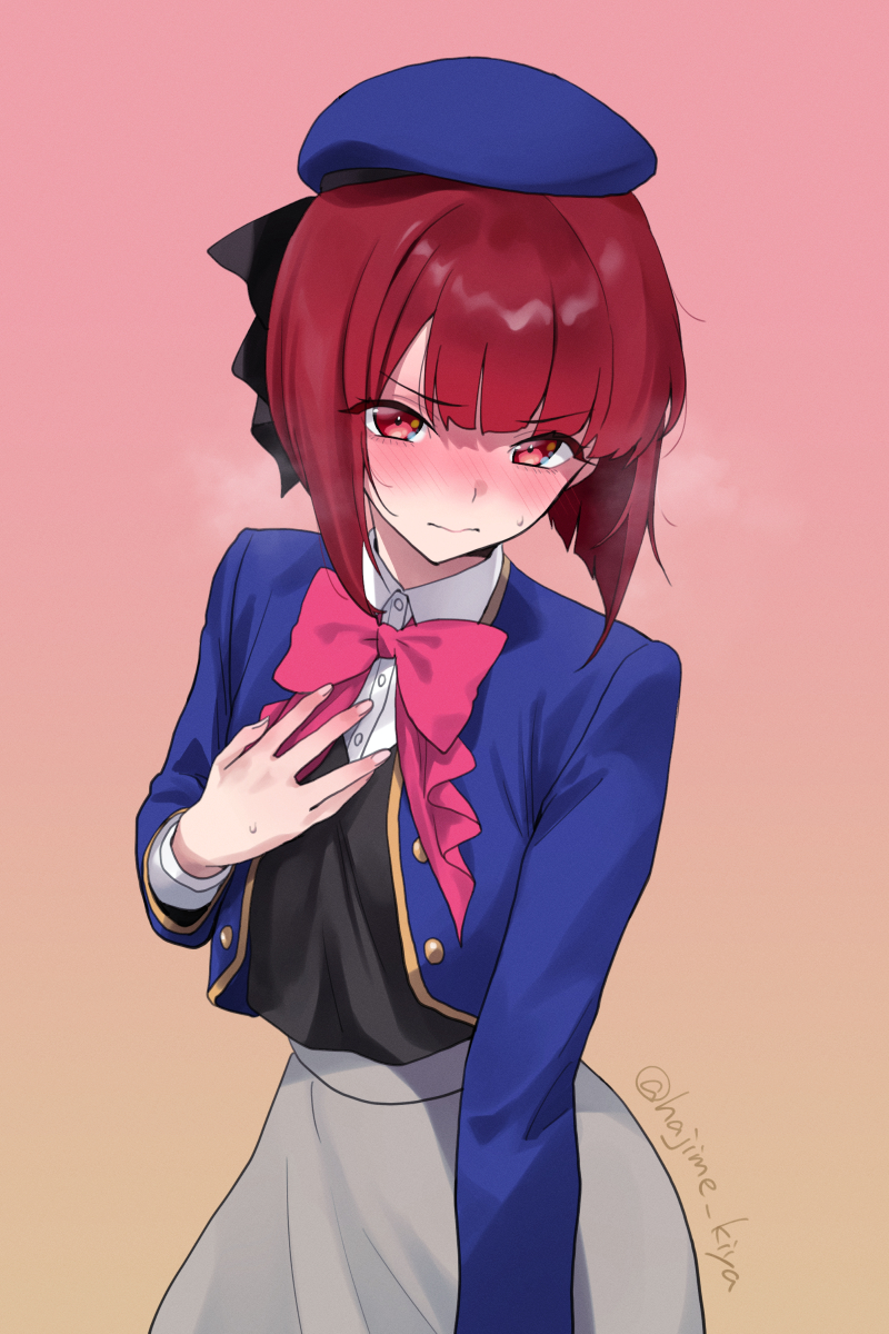 1girl arima_kana artist_name beret blue_hat blue_jacket blush bob_cut bow closed_mouth cropped_jacket gradient_background grey_skirt hand_on_own_chest hat highres inverted_bob jacket kiya_hajime long_sleeves looking_at_viewer medium_hair open_clothes open_jacket oshi_no_ko pink_background red_eyes red_hair school_uniform shirt short_hair skirt solo standing twitter_username watermark yellow_background youtou_high_school_uniform
