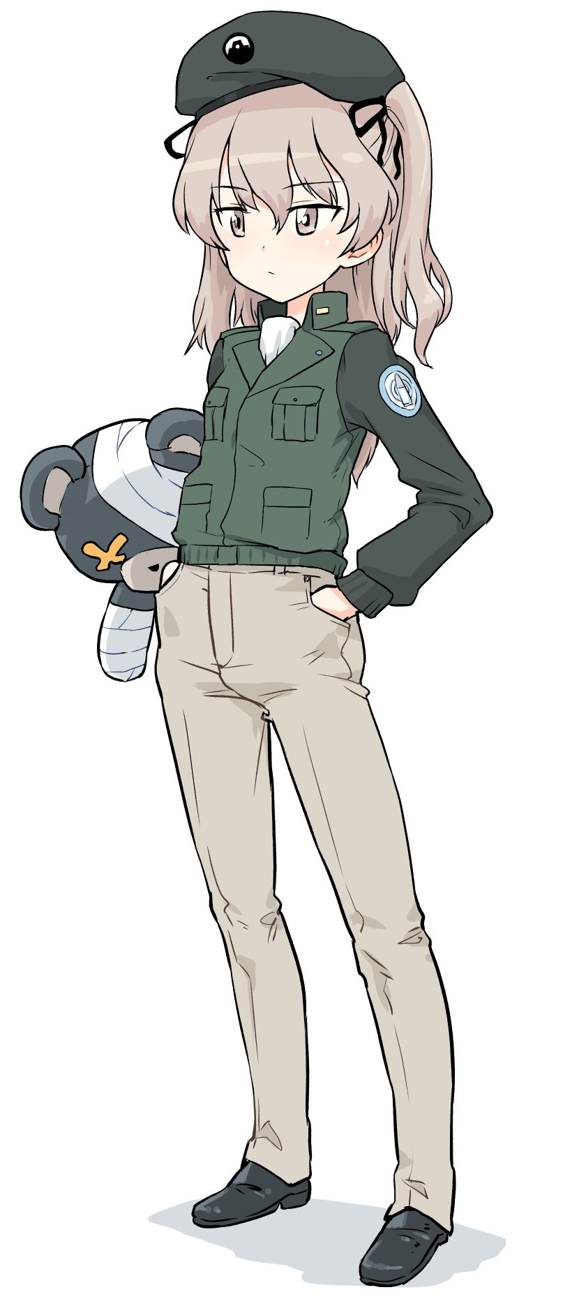 1girl blush boko_(girls_und_panzer) brown_eyes closed_mouth commentary_request expressionless girls_und_panzer hand_in_pocket highres holding holding_stuffed_toy long_hair military_uniform monolith_(suibou_souko) pants selection_university_military_uniform shimada_arisu simple_background solo stuffed_toy sway_back white_background white_pants