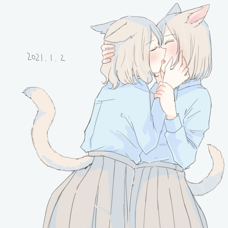 2girls animal_ears arm_grab blouse blue_shirt blush cat_ears cat_girl cat_tail collared_shirt commentary_request cowboy_shot closed_eyes facing_another french_kiss grey_hair grey_skirt head_hold inutose kiss long_sleeves medium_hair multiple_girls original school_uniform shirt simple_background skirt standing tail yuri