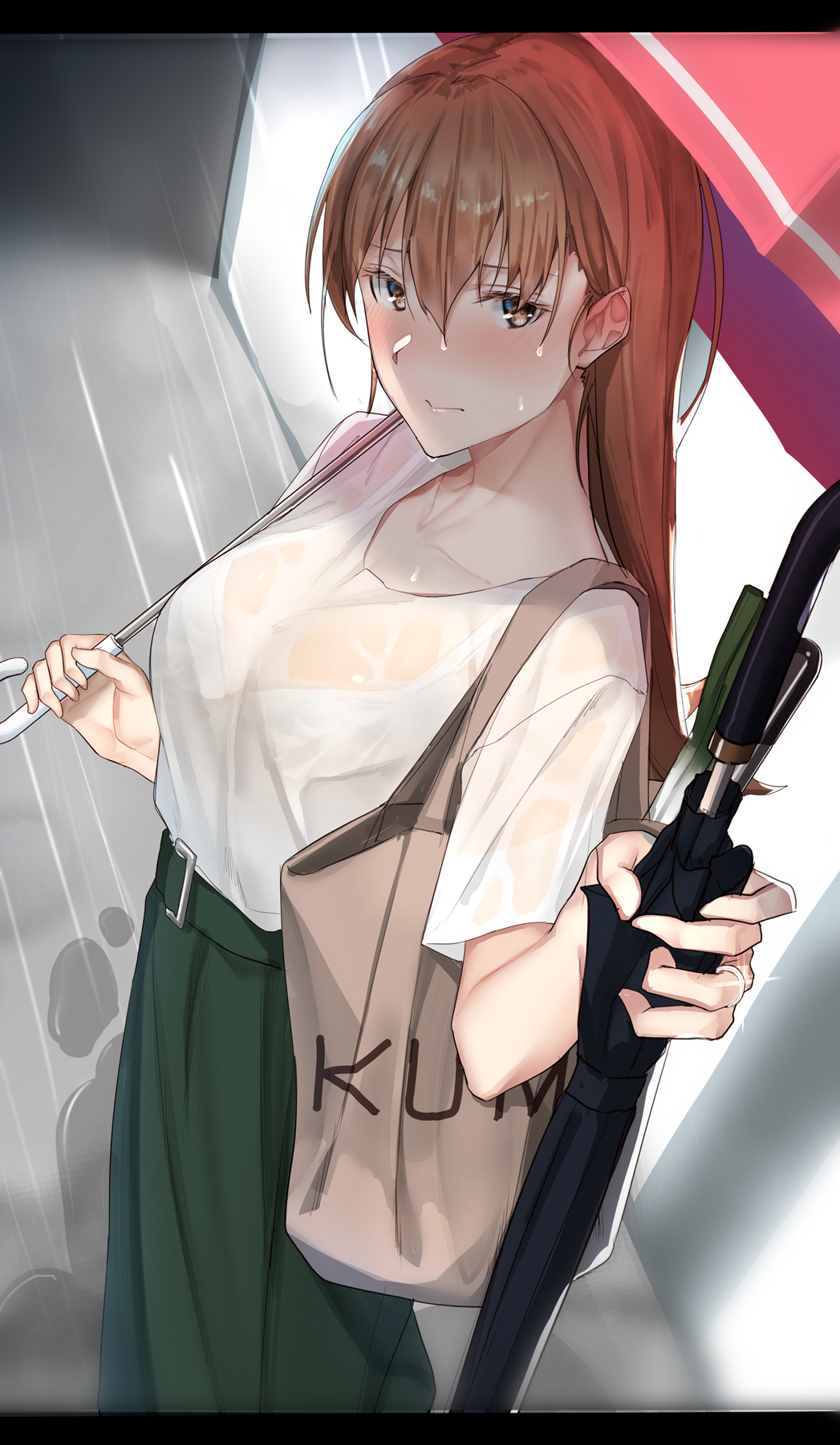 1girl alternate_costume bad_id bad_nicoseiga_id blush brown_eyes brown_hair collarbone female_focus green_skirt hair_between_eyes highres holding holding_umbrella jewelry kantai_collection long_hair ooi_(kancolle) ooi_(rainy_season)_(kancolle) pallad rain red_umbrella ring see-through_clothes shirt short_sleeves skirt solo spring_onion torpedo umbrella wedding_band wet wet_clothes wet_shirt white_shirt