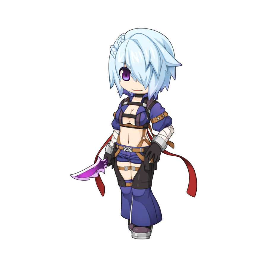 1girl abyss_chaser_(ragnarok_online) arm_wrap belt black_boots black_gloves blue_hair blue_shirt blue_shorts boots braid breasts brown_belt chest_harness chibi cleavage crop_top dagger detached_pants full_body gloves hair_between_eyes hair_over_one_eye hand_on_own_hip harness holding holding_dagger holding_knife holding_weapon knife large_breasts long_bangs looking_at_viewer midriff navel official_art open_clothes open_mouth open_shirt puffy_short_sleeves puffy_sleeves purple_eyes ragnarok_online reverse_grip shirt short_hair short_shorts short_sleeves shorts simple_background smile solo standing steel-toe_boots tachi-e thigh_strap transparent_background weapon yuichirou