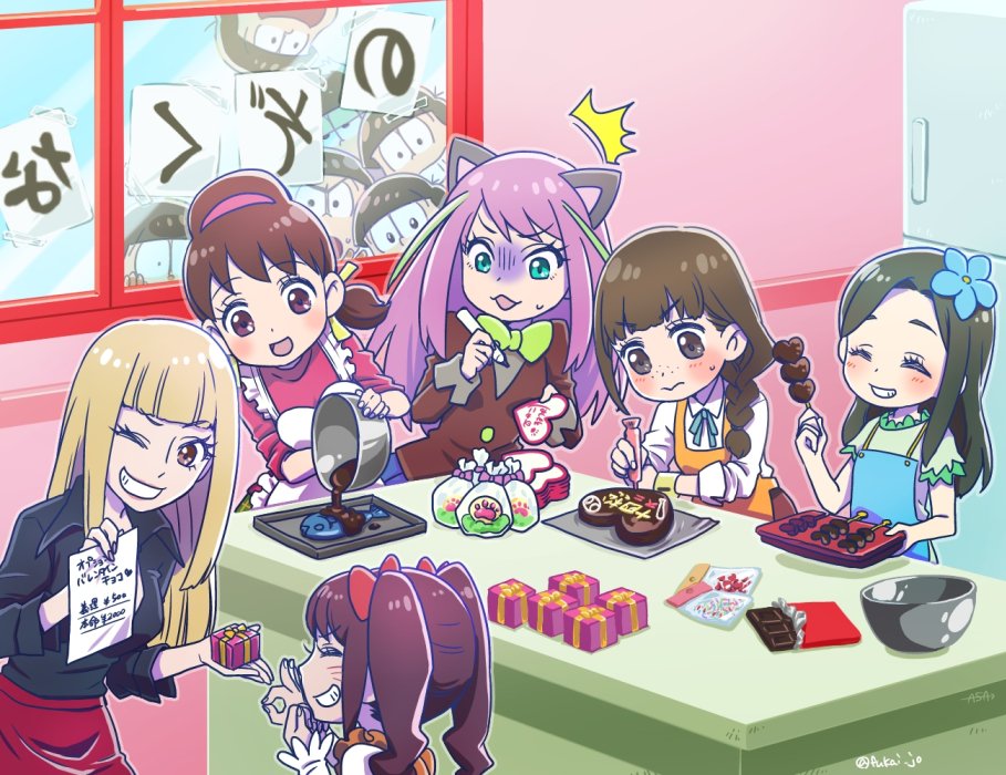 10s 6+boys 6+girls ^^^ apron blonde_hair blunt_bangs braid brothers brown_hair candy chibimi chibita chocolate chocolate_heart fish flower flower_fairy_(osomatsu-kun) flower_girl_(osomatsu-kun) food freckles fukai_(yas_lions) genderswap genderswap_(mtf) gift hair_flower hair_ornament hashimoto_nyaa heart iyami iyayo jyushimatsu&#039;s_girlfriend matsuno_choromatsu matsuno_ichimatsu matsuno_jyushimatsu matsuno_karamatsu matsuno_osomatsu matsuno_todomatsu money_gesture multicolored_hair multiple_boys multiple_girls osomatsu-kun osomatsu-san osomatsu_(series) sextuplets short_twintails siblings smile streaked_hair tray twintails twitter_username valentine yowai_totoko