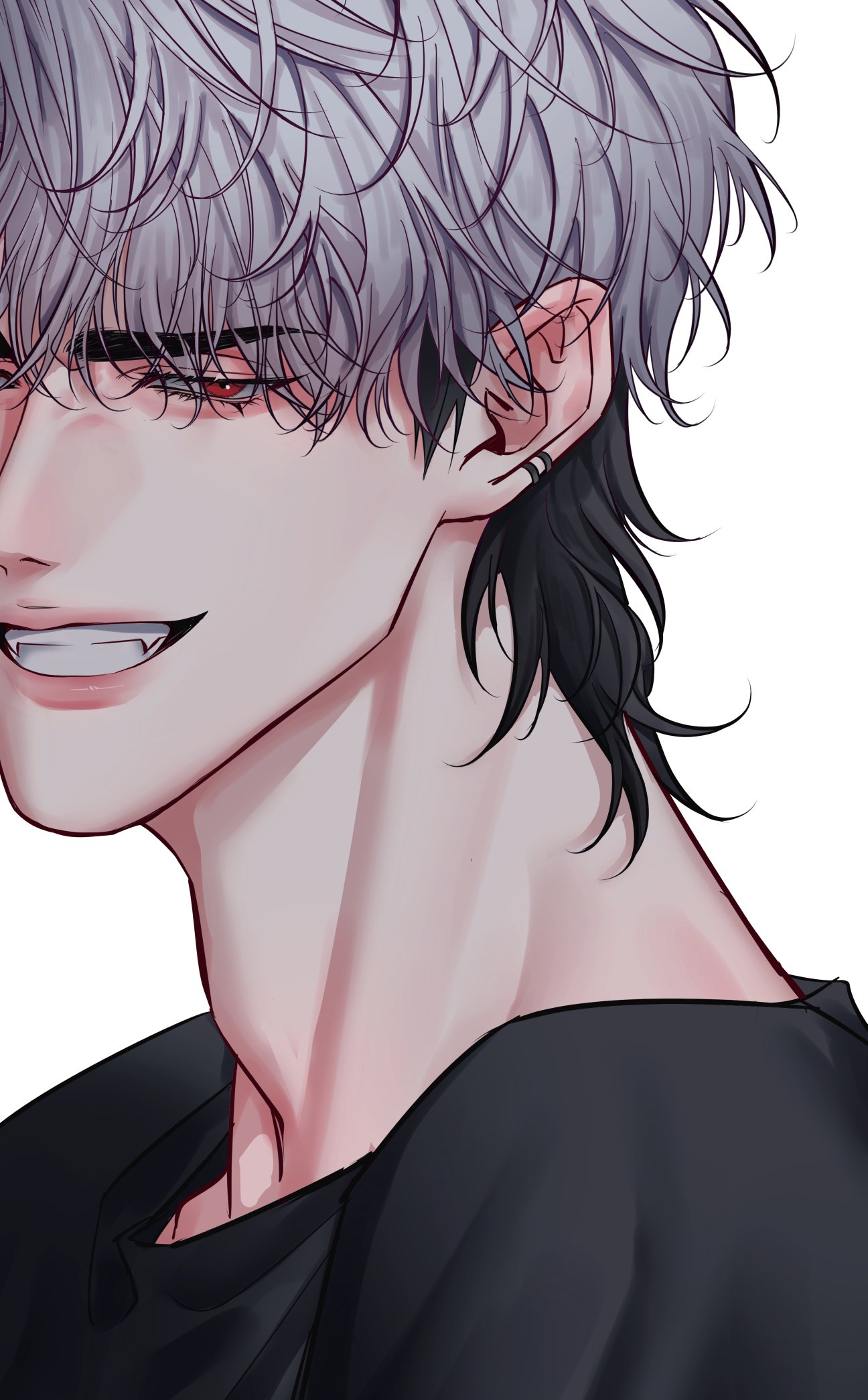 1boy adam's_apple black_hair black_shirt commentary_request earclip eunho_(plave) fangs highres korean_commentary lips looking_at_viewer male_focus multicolored_hair neck parted_lips plave portrait red_eyes shirt short_hair simple_background smile solo teeth tsurime two-tone_hair unfinished white_background white_hair yum_606