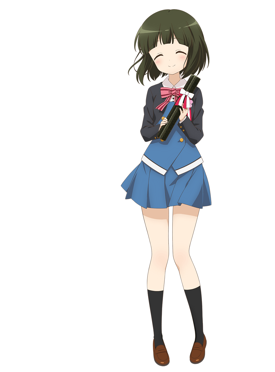 1girl ^_^ arched_bangs black_jacket black_socks blue_skirt blue_vest bow bowtie brown_shoes buttons closed_eyes closed_mouth collared_shirt diploma diploma_tube double-breasted full_body green_hair highres holding holding_diploma jacket kin-iro_mosaic loafers long_sleeves miniskirt moegi_high_school_uniform official_art oomiya_shinobu open_clothes open_jacket pink_bow pink_bowtie pleated_skirt school_uniform shirt shoes short_hair simple_background skirt smile socks solo standing striped_bow striped_bowtie striped_clothes tachi-e transparent_background ueta_kazuyuki vest white_shirt winter_uniform