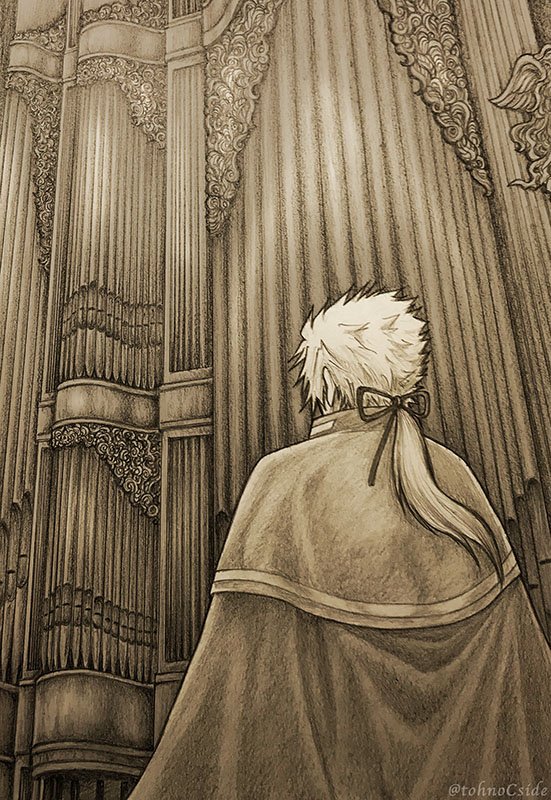 1boy cape capelet classicaloid commentary_request facing_away from_behind hair_ribbon instrument johann_sebastian_bach_(classicaloid) long_hair male_focus monochrome organ_(instrument) ponytail ribbon sepia solo tohno94 twitter_username
