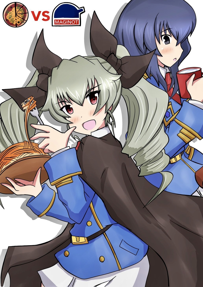 2girls alternate_costume anchovy_(girls_und_panzer) anzio_(emblem) black_cape black_ribbon blue_eyes blue_hair blue_jacket blue_skirt bowl cape collared_shirt cup drill_hair eclair_(girls_und_panzer) emblem food girls_und_panzer girls_und_panzer_gekitou!_maginot-sen_desu!! green_hair hair_ribbon highres holding holding_bowl holding_cup jacket long_hair long_sleeves looking_at_viewer maginot_(emblem) maginot_military_uniform meiya miniskirt multiple_girls pasta red_eyes ribbon shirt skirt spaghetti twin_drills twintails vs white_shirt white_skirt