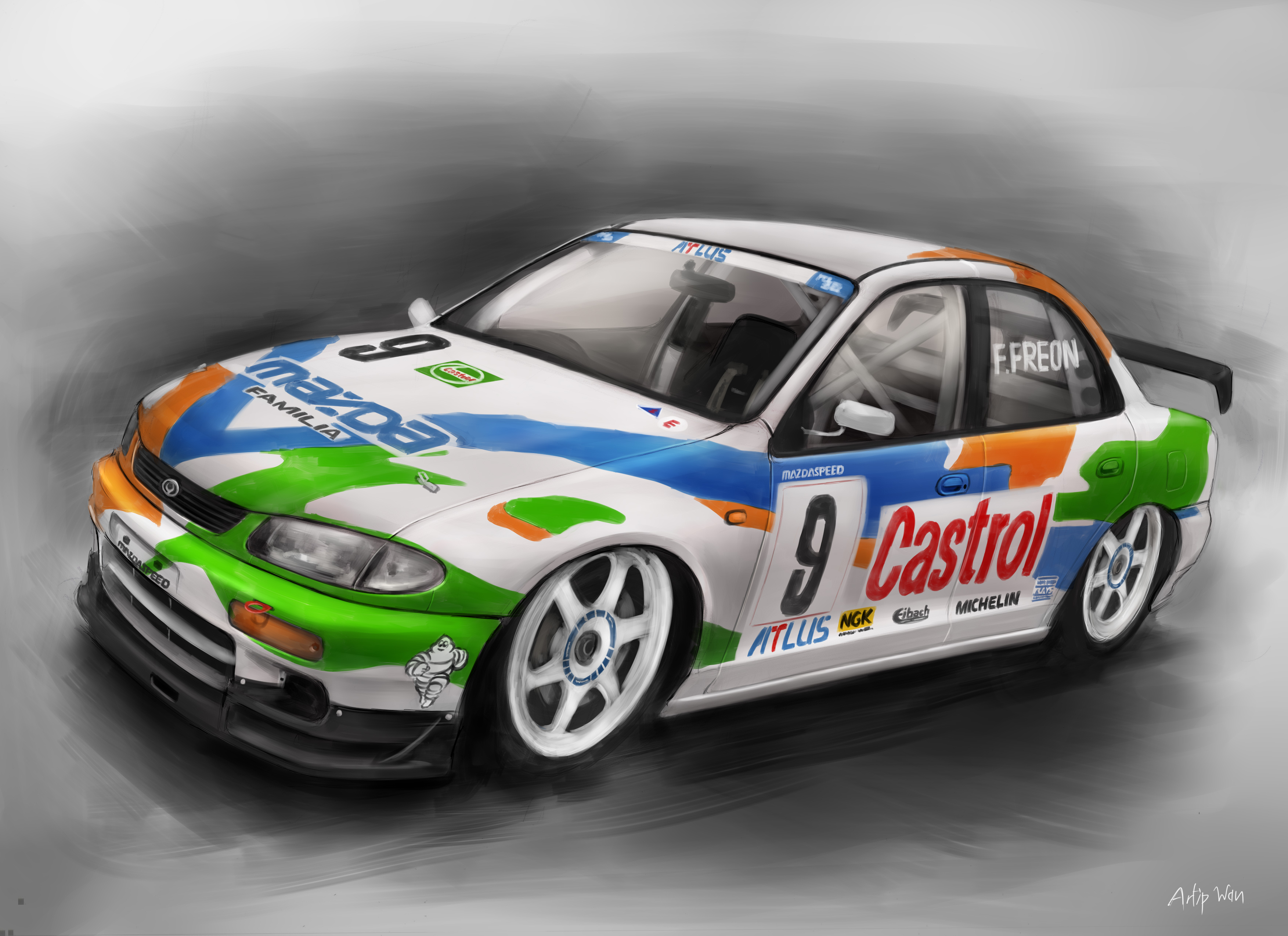 absurdres artip_wan artist_name atlus car castrol commentary english_commentary highres japanese_touring_car_championship logo mazda mazda_familia michelin michelin_man motor_vehicle no_humans race_vehicle racecar spoiler_(automobile) vehicle_focus