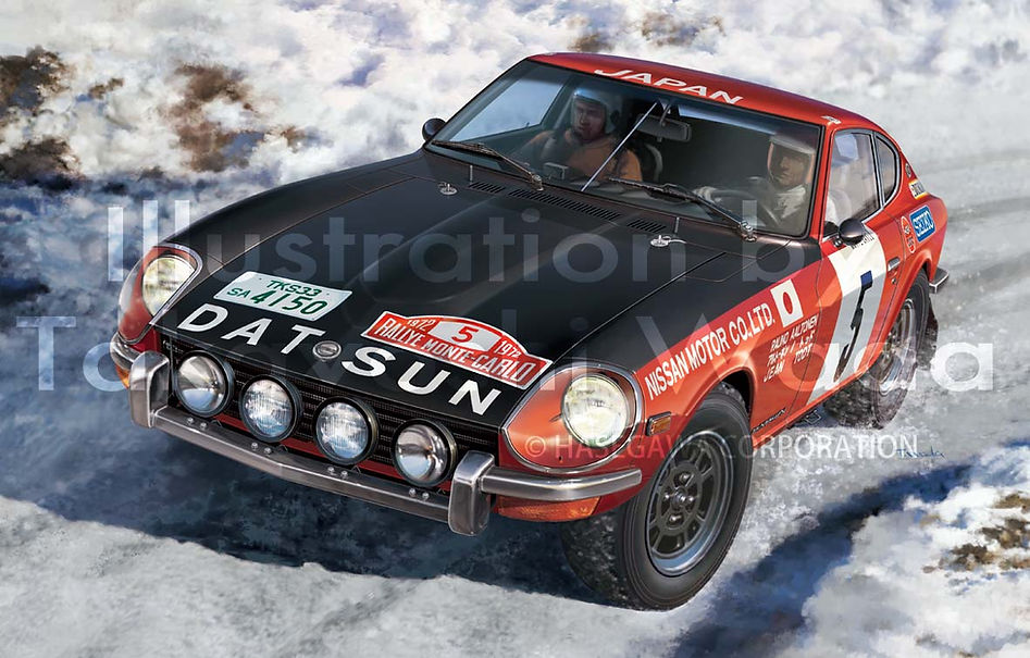 2boys artist_name box_art car datsun datsun_240z driving hasegawa_(hobby_kits) motor_vehicle multiple_boys nissan_fairlady_z official_art race_vehicle racecar rally_car snow textless_version vehicle_focus wada_takayoshi watermark world_rally_championship