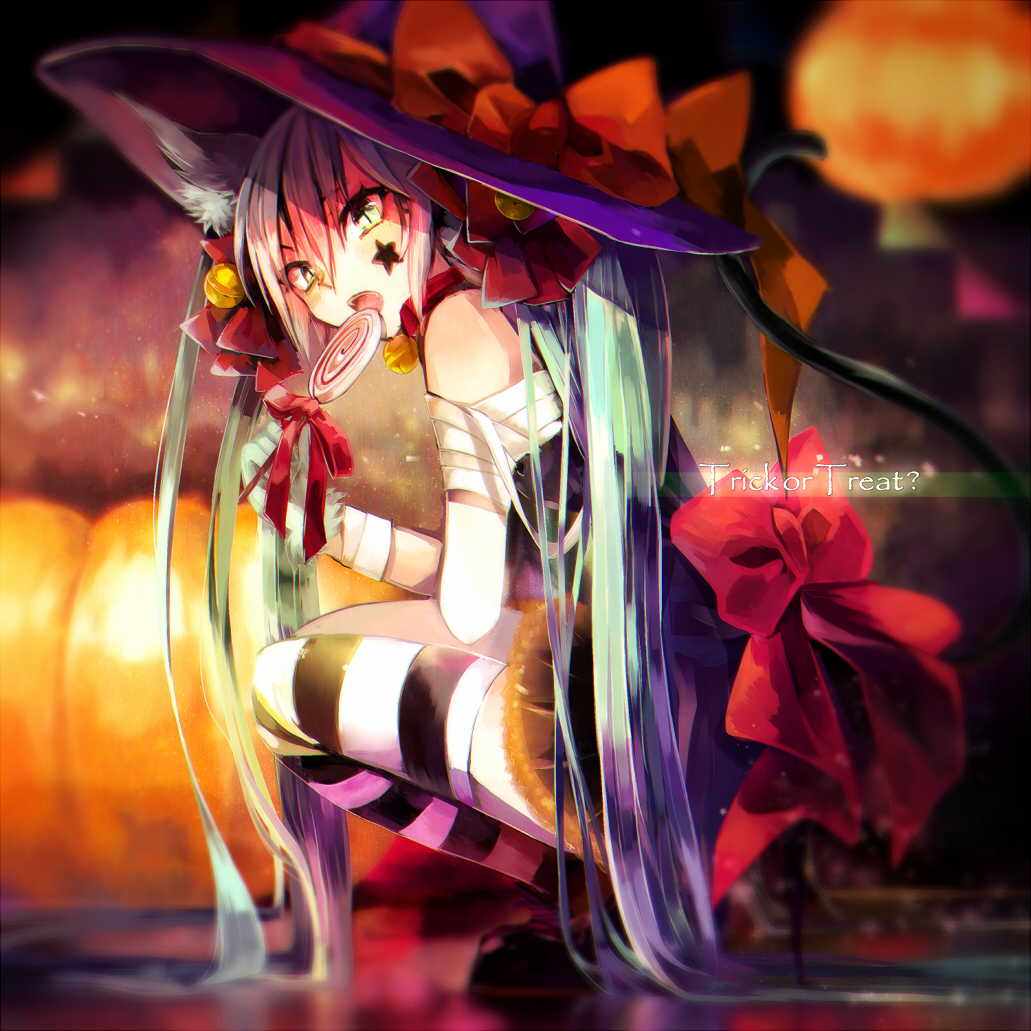 1girl aka_tonbo_(lililil) animal_ears aqua_eyes aqua_hair bandages bell bow candy cat_ears cat_tail dress female_focus food hair_bell hair_ornament halloween hat hatsune_miku lollipop long_hair looking_at_viewer solo solo_focus squatting striped_clothes striped_thighhighs tail tattoo thighhighs trick_or_treat twintails very_long_hair vocaloid witch_hat