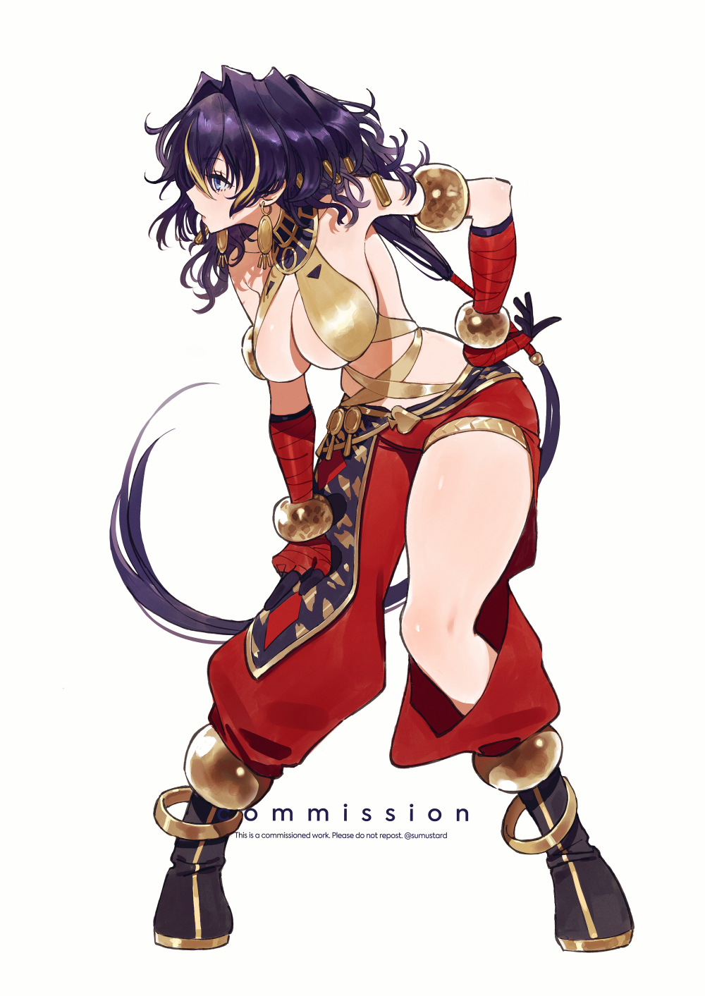 1girl asymmetrical_clothes bandaged_arm bandages bracelet commission earrings highres jewelry leaning_forward original simple_background single_pantsleg solo standing sumustard white_background